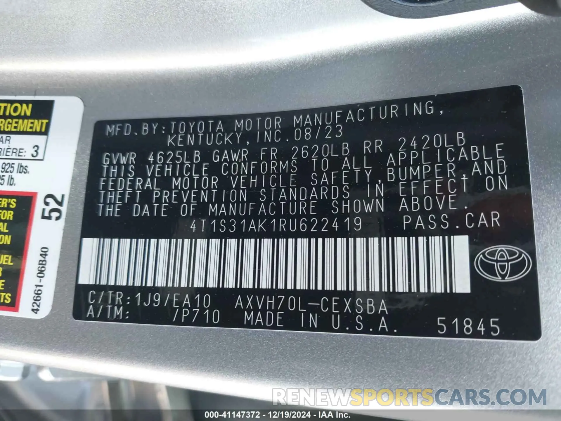 9 fotografías del automóvil dañado 4T1S31AK1RU622419 TOYOTA CAMRY HYBRID 2024