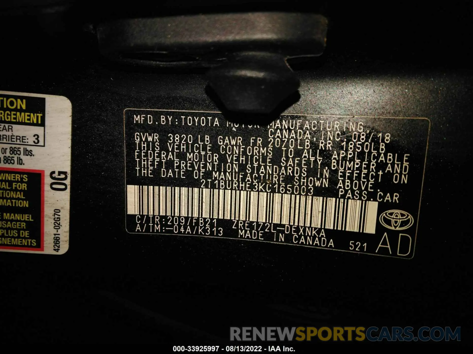 9 fotografías del automóvil dañado 001BURHE3KC165003 TOYOTA COROLLA 2019