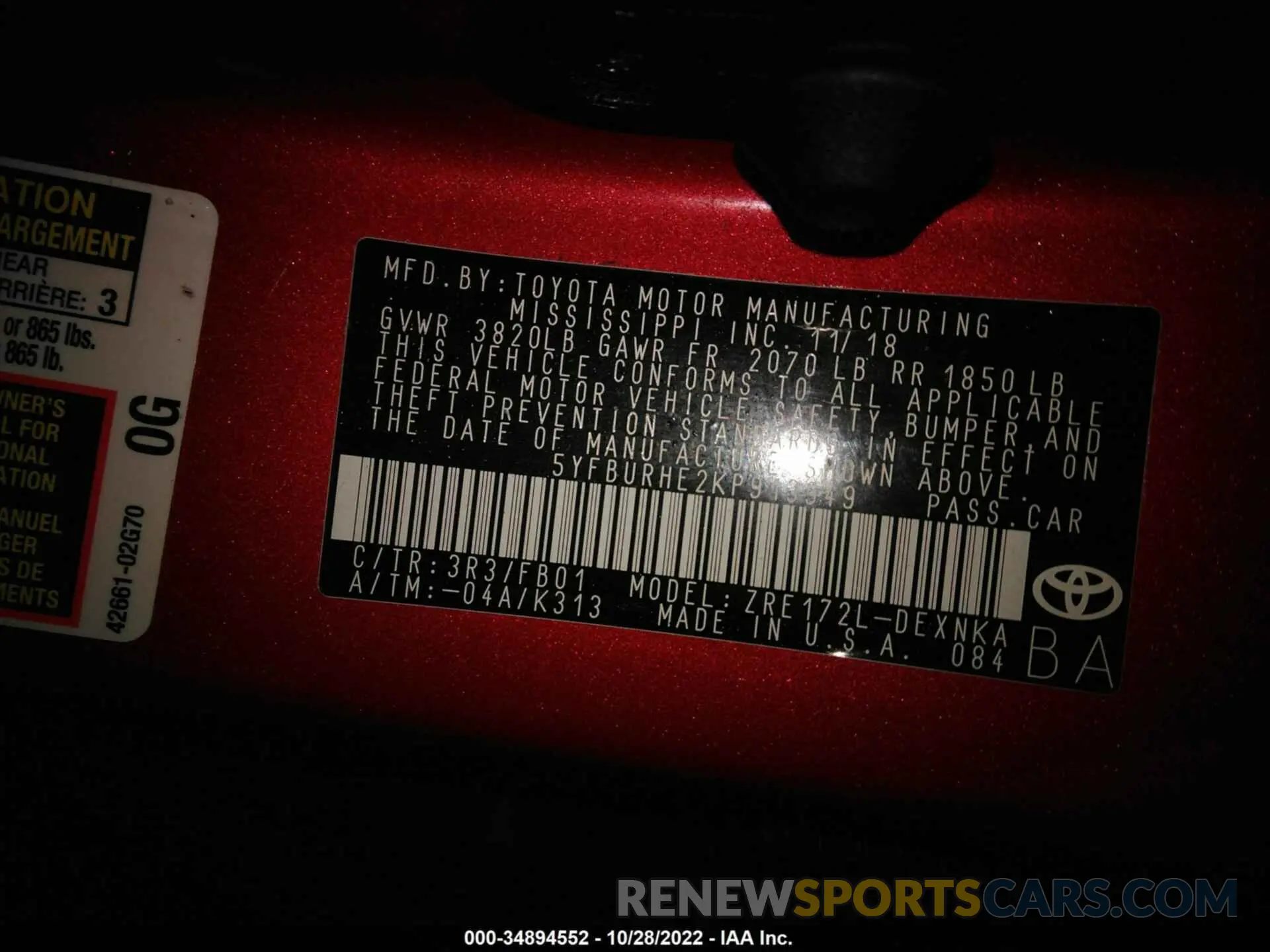 9 fotografías del automóvil dañado 00FBURHE2KP913949 TOYOTA COROLLA 2019