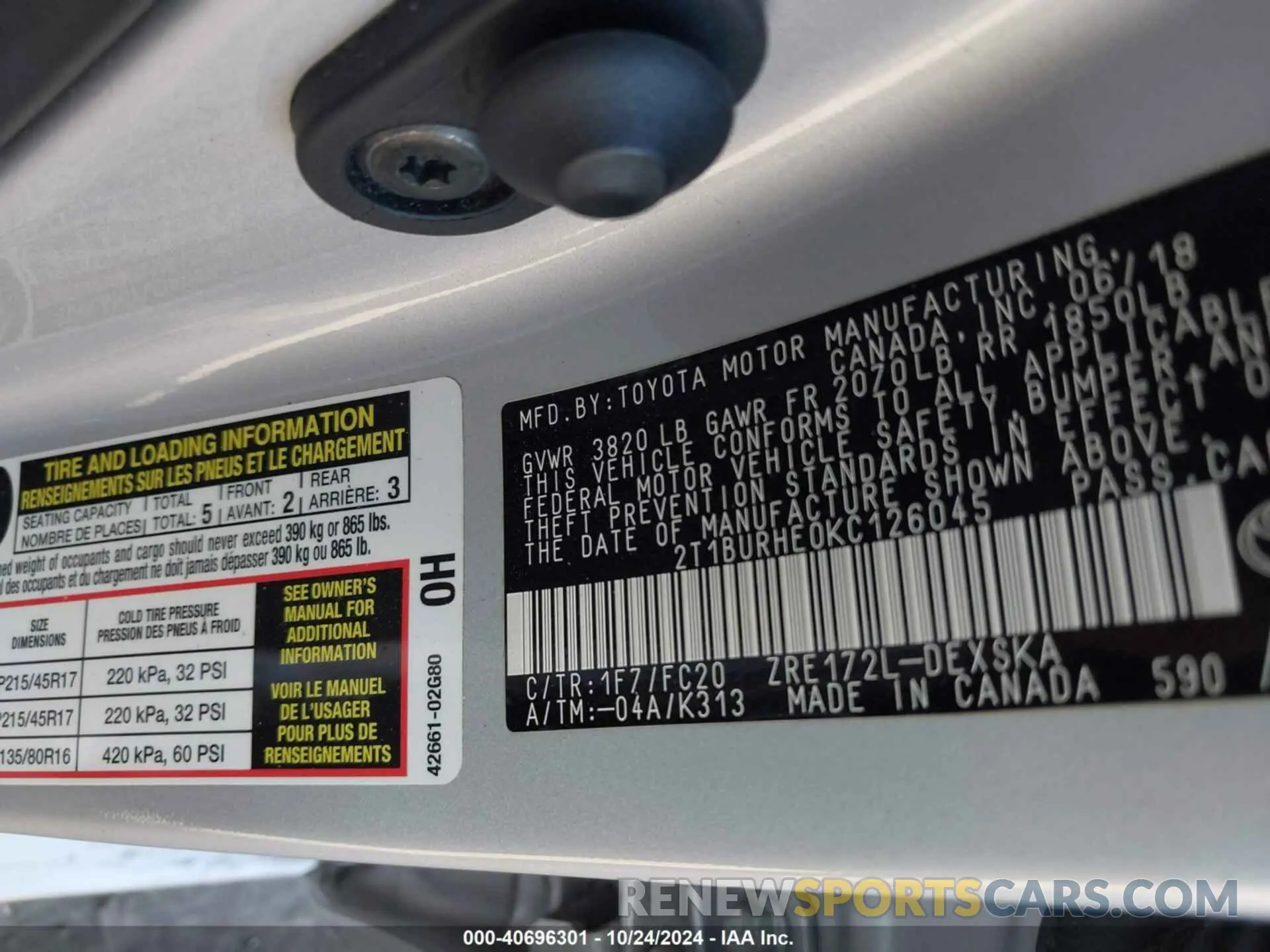 9 fotografías del automóvil dañado 2T1BURHE0KC126045 TOYOTA COROLLA 2019