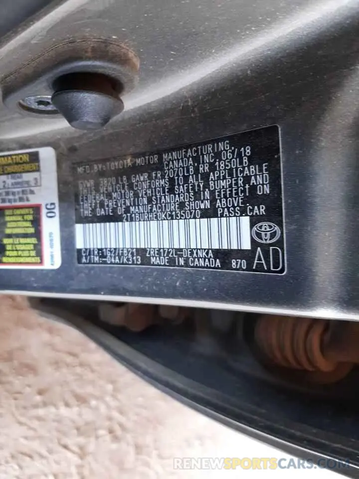 10 fotografías del automóvil dañado 2T1BURHE0KC135070 TOYOTA COROLLA 2019