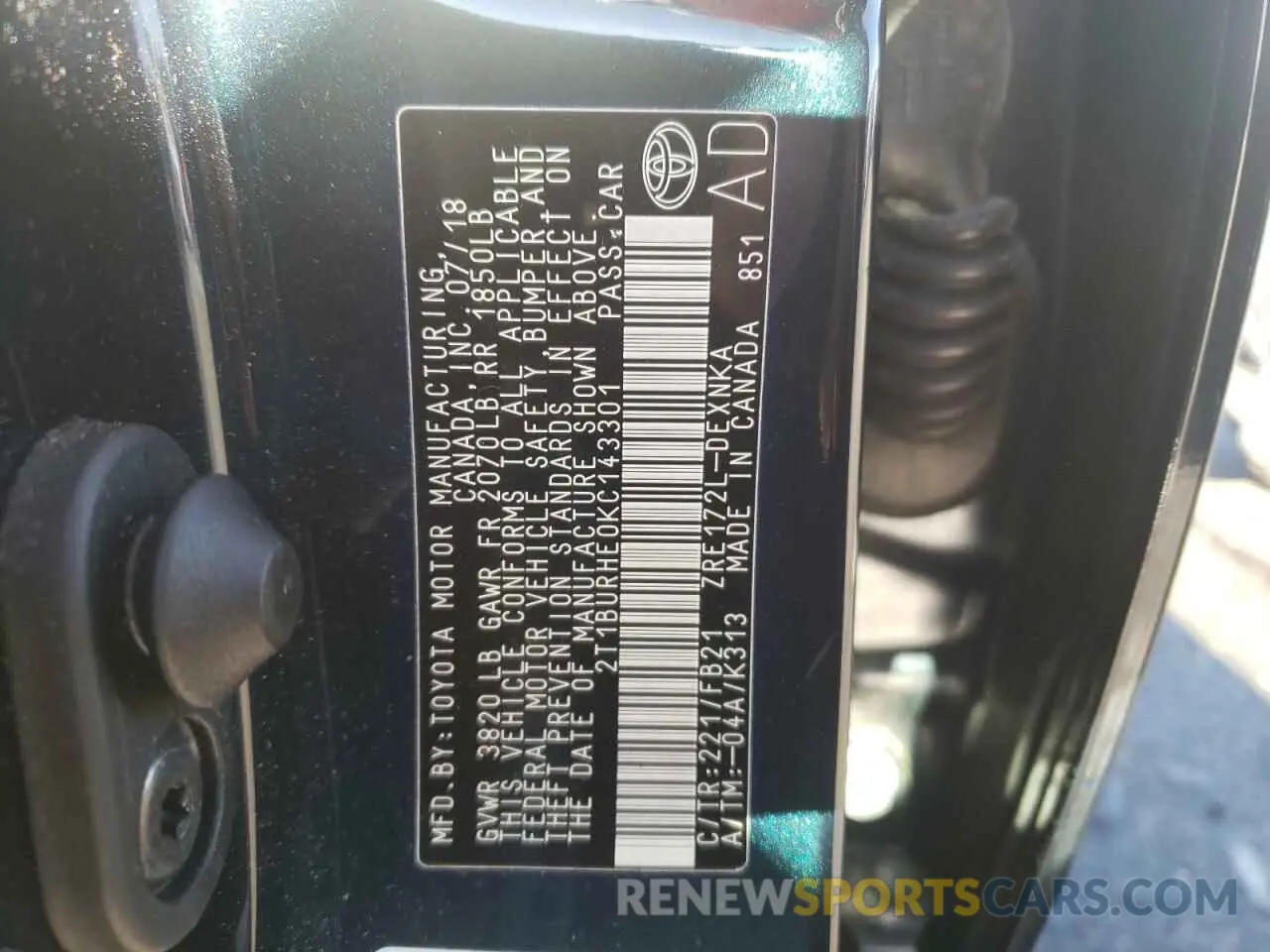 12 fotografías del automóvil dañado 2T1BURHE0KC143301 TOYOTA COROLLA 2019