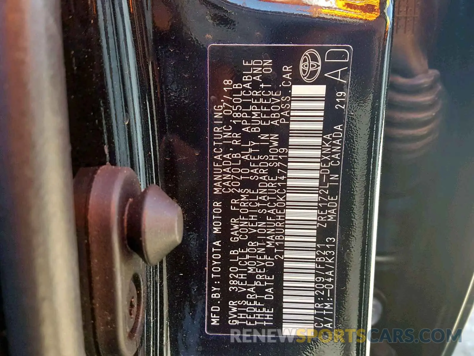 10 fotografías del automóvil dañado 2T1BURHE0KC147719 TOYOTA COROLLA 2019