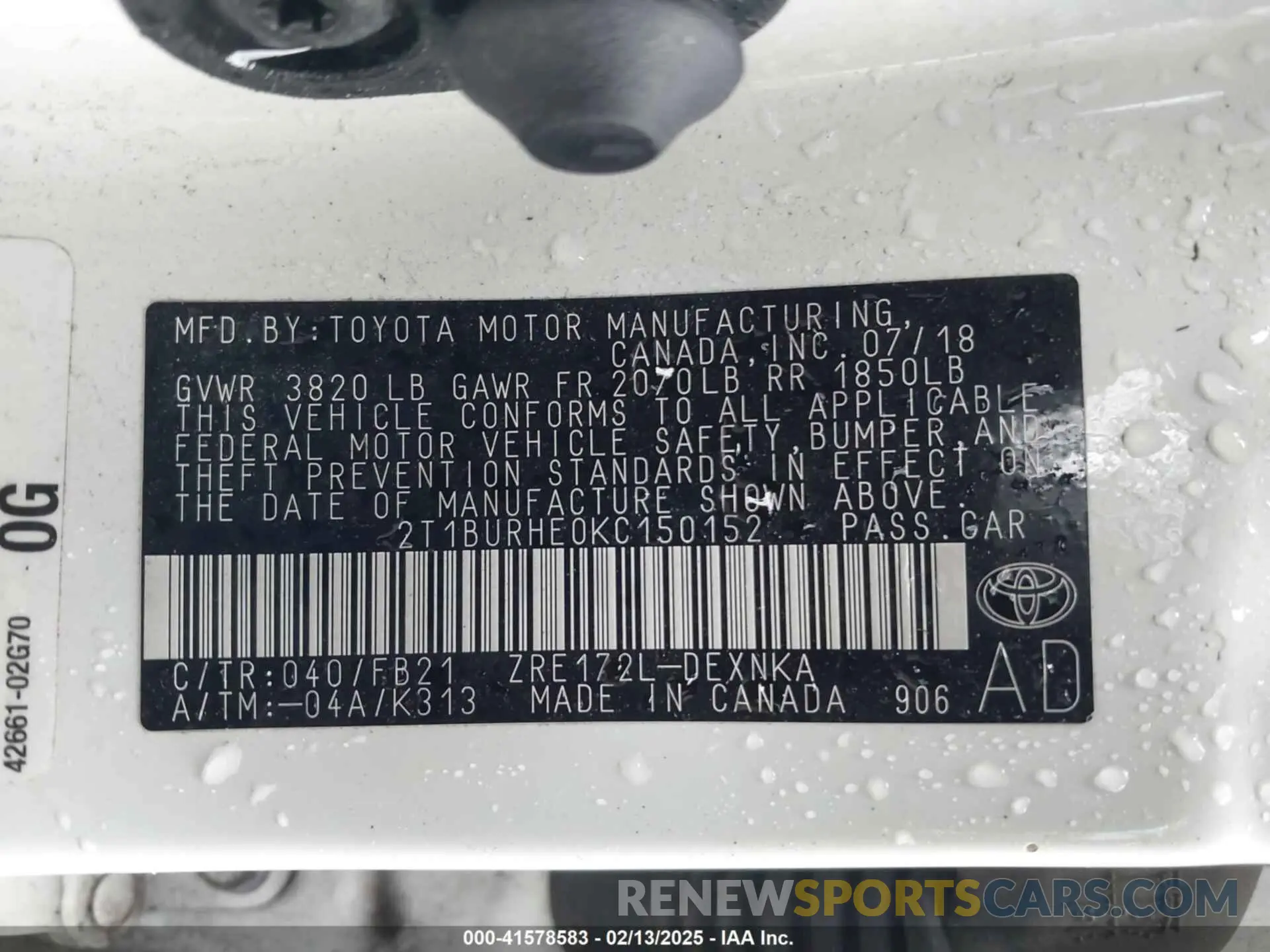 9 fotografías del automóvil dañado 2T1BURHE0KC150152 TOYOTA COROLLA 2019