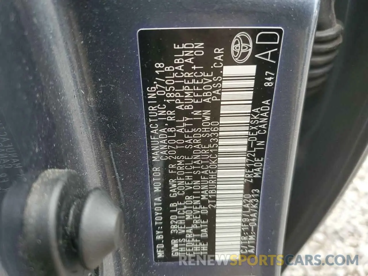 12 fotografías del automóvil dañado 2T1BURHE0KC153360 TOYOTA COROLLA 2019