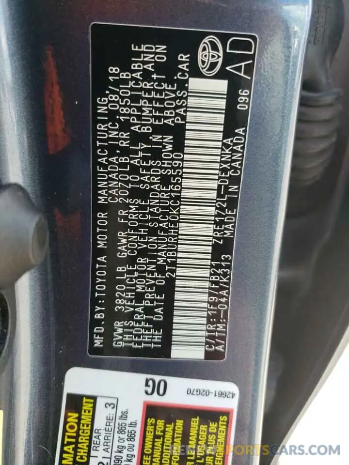 12 fotografías del automóvil dañado 2T1BURHE0KC165590 TOYOTA COROLLA 2019