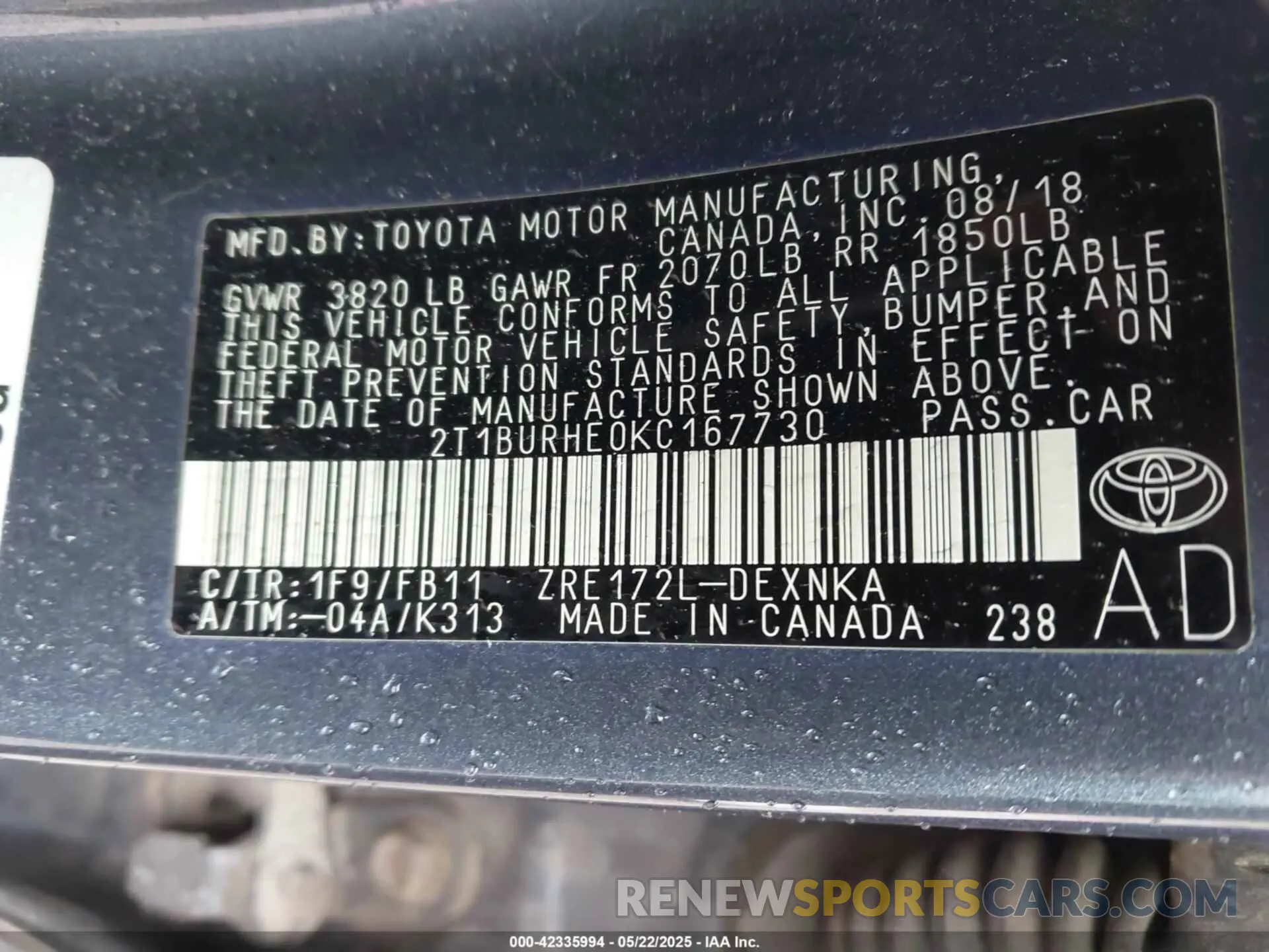 9 fotografías del automóvil dañado 2T1BURHE0KC167730 TOYOTA COROLLA 2019