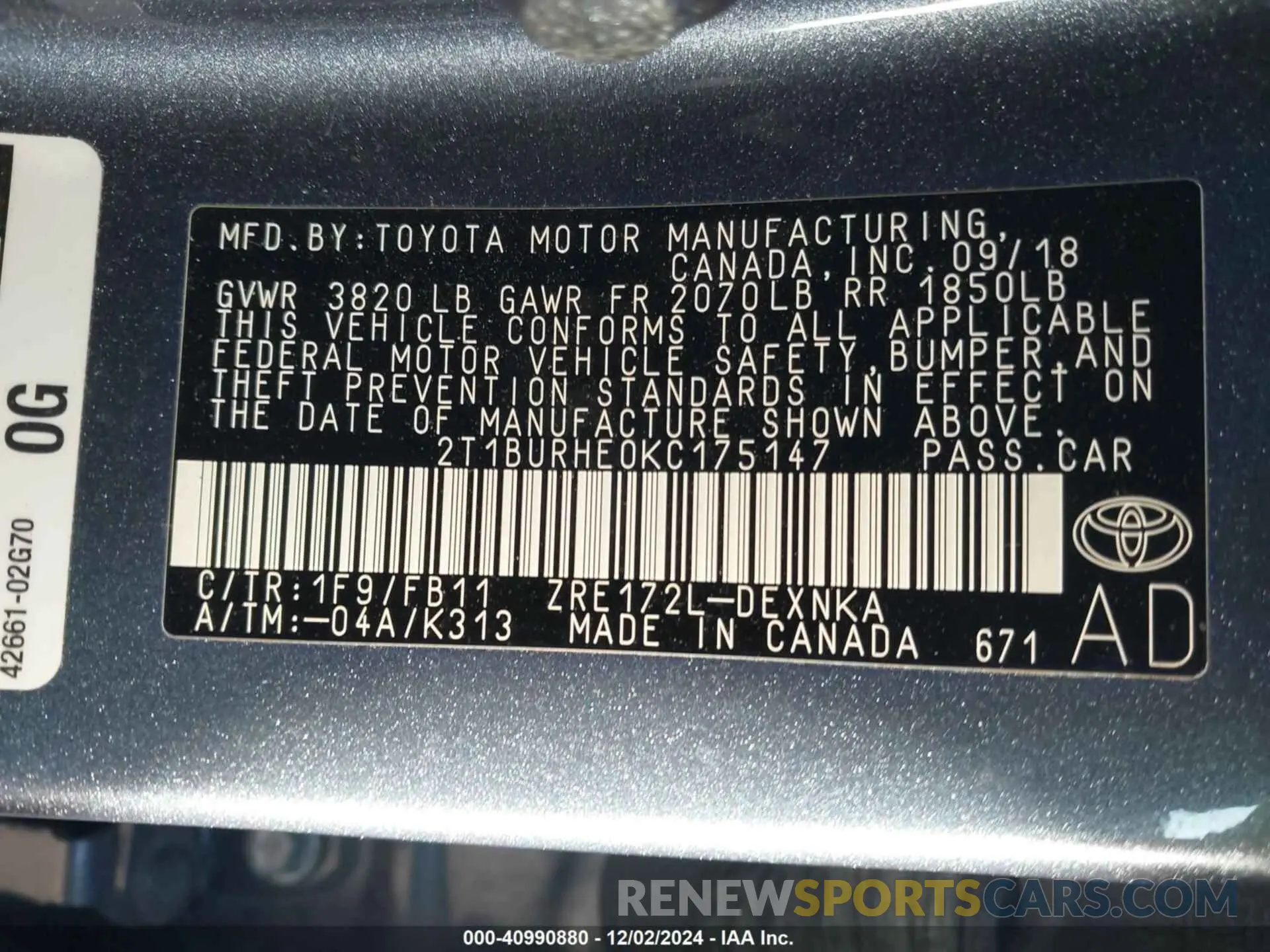 9 fotografías del automóvil dañado 2T1BURHE0KC175147 TOYOTA COROLLA 2019