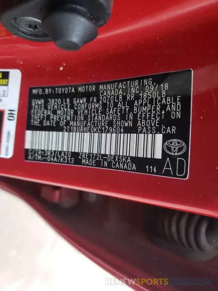 10 fotografías del automóvil dañado 2T1BURHE0KC179604 TOYOTA COROLLA 2019