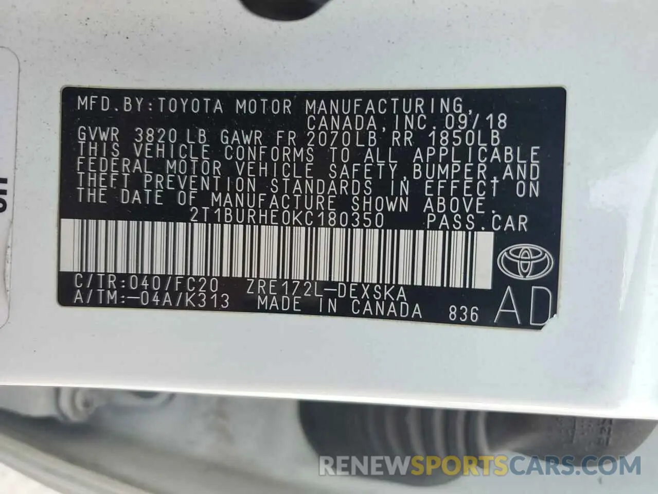 12 fotografías del automóvil dañado 2T1BURHE0KC180350 TOYOTA COROLLA 2019