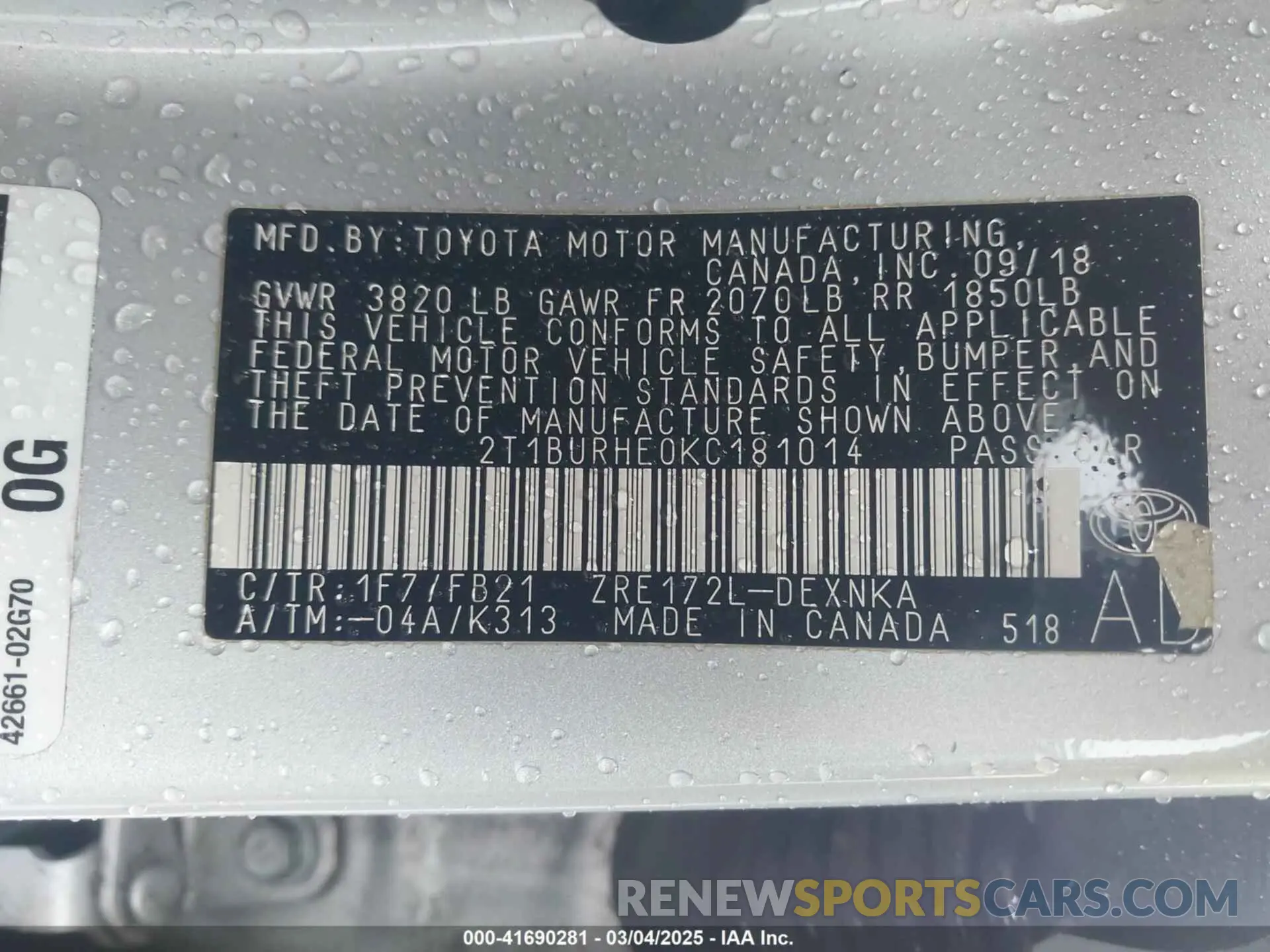 9 fotografías del automóvil dañado 2T1BURHE0KC181014 TOYOTA COROLLA 2019