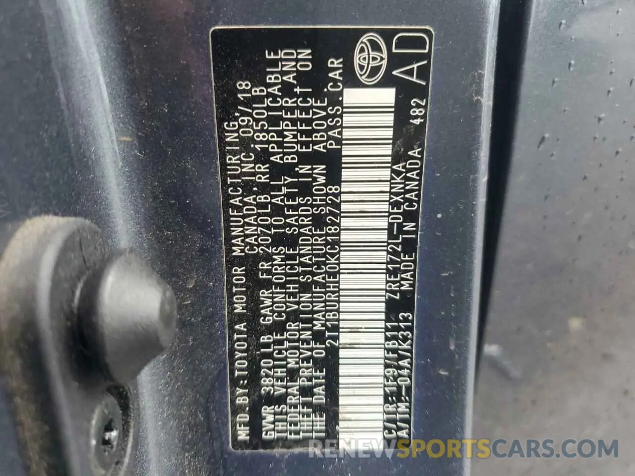 12 fotografías del automóvil dañado 2T1BURHE0KC182728 TOYOTA COROLLA 2019