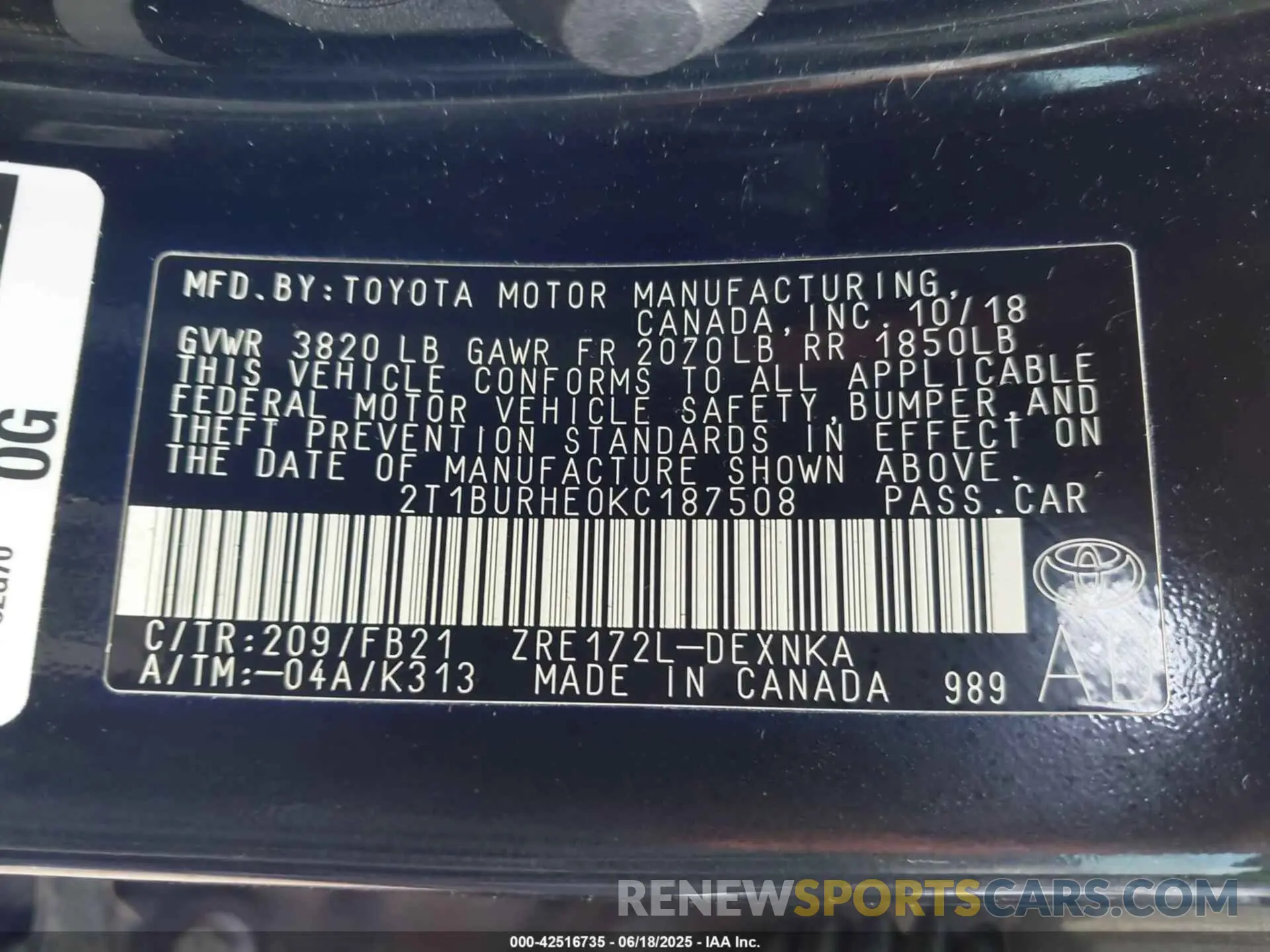 9 fotografías del automóvil dañado 2T1BURHE0KC187508 TOYOTA COROLLA 2019