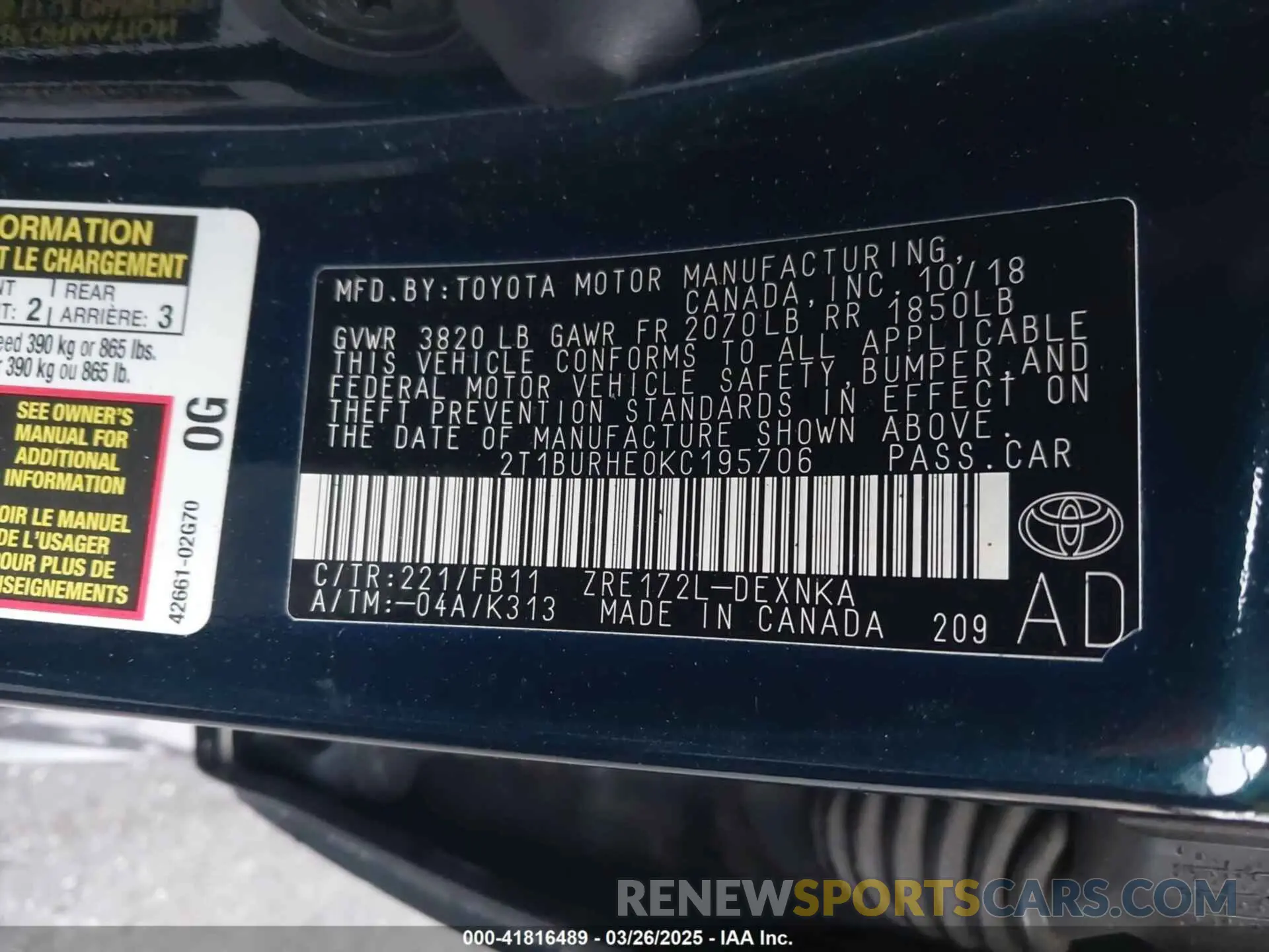 9 fotografías del automóvil dañado 2T1BURHE0KC195706 TOYOTA COROLLA 2019