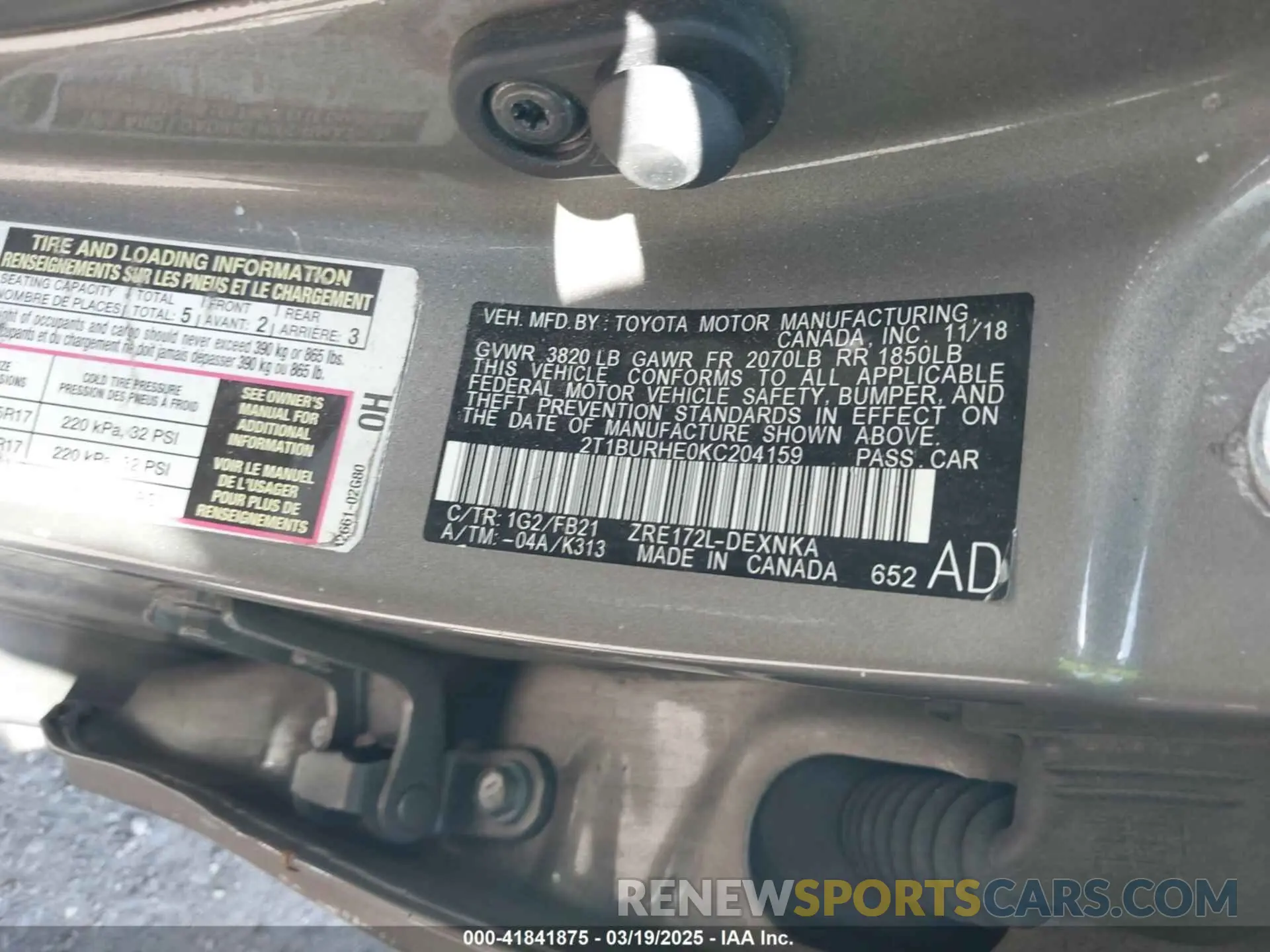 9 fotografías del automóvil dañado 2T1BURHE0KC204159 TOYOTA COROLLA 2019