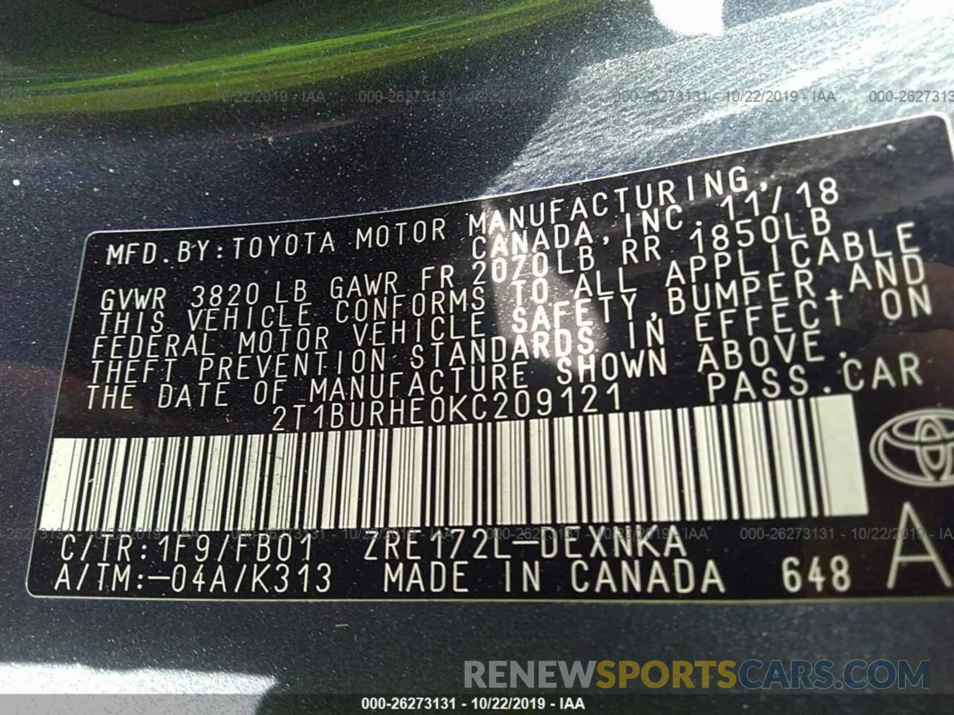 9 fotografías del automóvil dañado 2T1BURHE0KC209121 TOYOTA COROLLA 2019