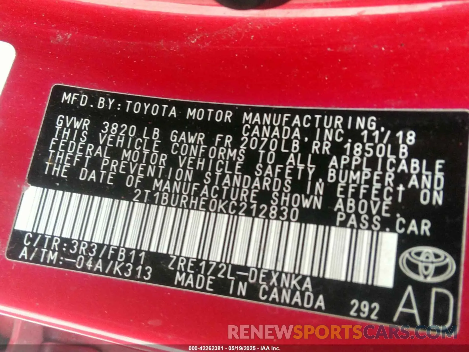 9 fotografías del automóvil dañado 2T1BURHE0KC212830 TOYOTA COROLLA 2019