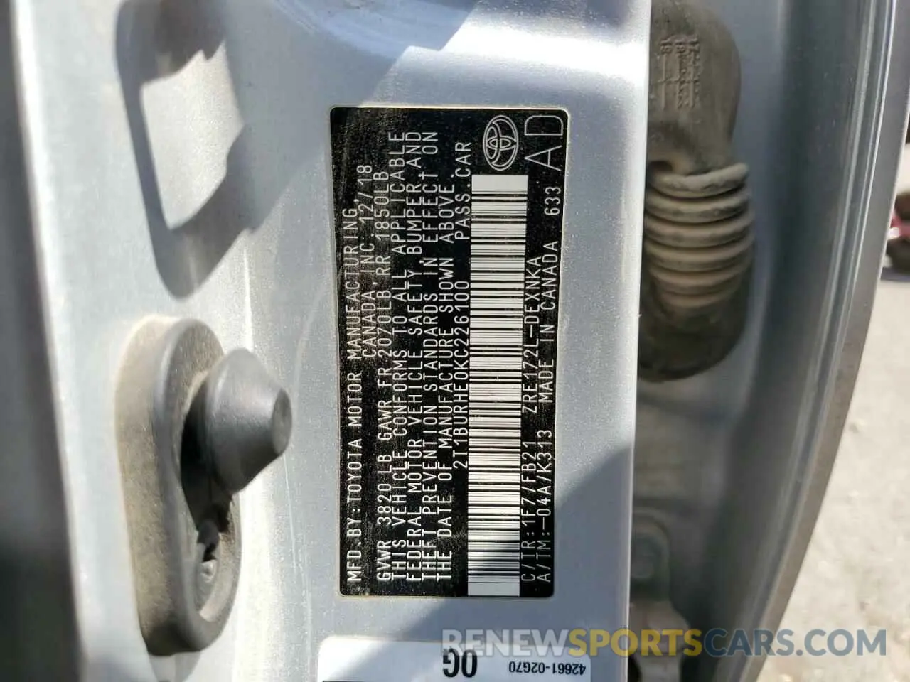 12 fotografías del automóvil dañado 2T1BURHE0KC226100 TOYOTA COROLLA 2019
