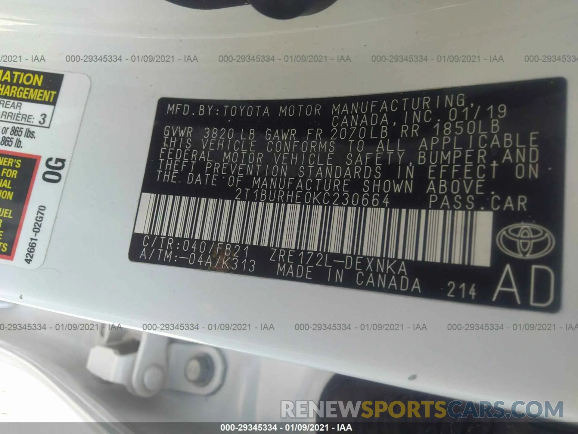 9 fotografías del automóvil dañado 2T1BURHE0KC230664 TOYOTA COROLLA 2019