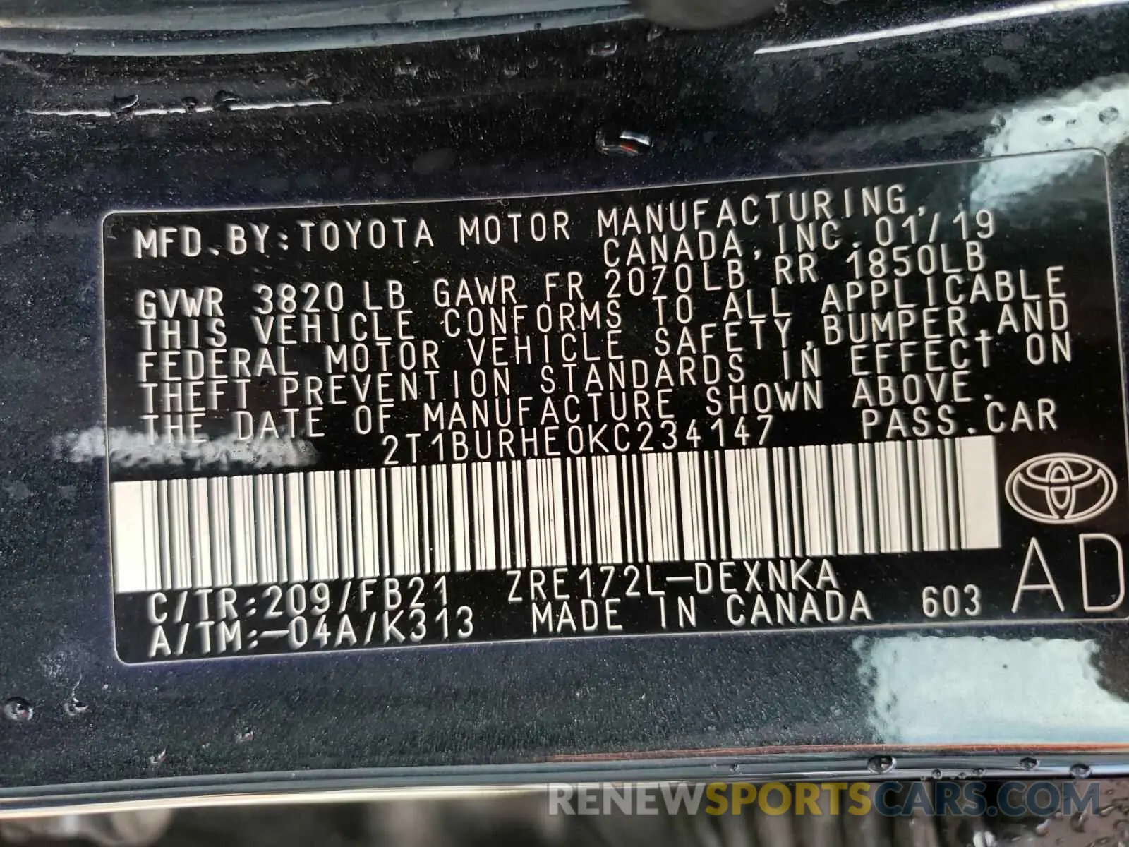 10 fotografías del automóvil dañado 2T1BURHE0KC234147 TOYOTA COROLLA 2019