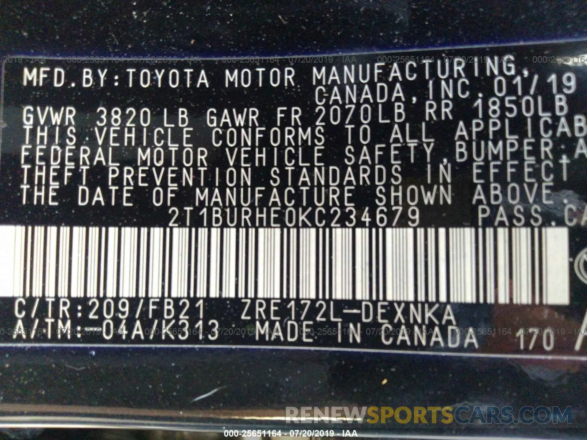 9 fotografías del automóvil dañado 2T1BURHE0KC234679 TOYOTA COROLLA 2019