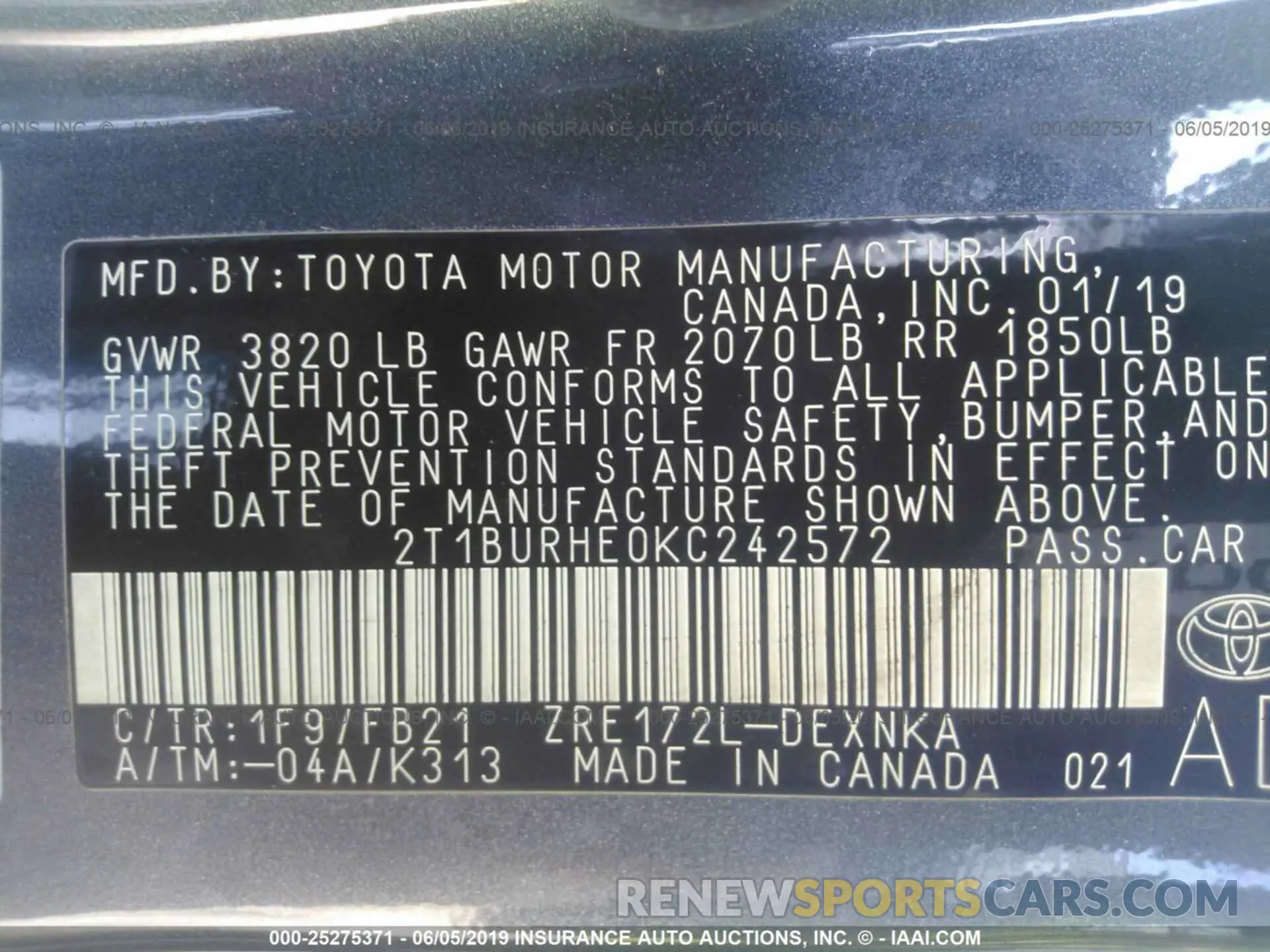 9 fotografías del automóvil dañado 2T1BURHE0KC242572 TOYOTA COROLLA 2019