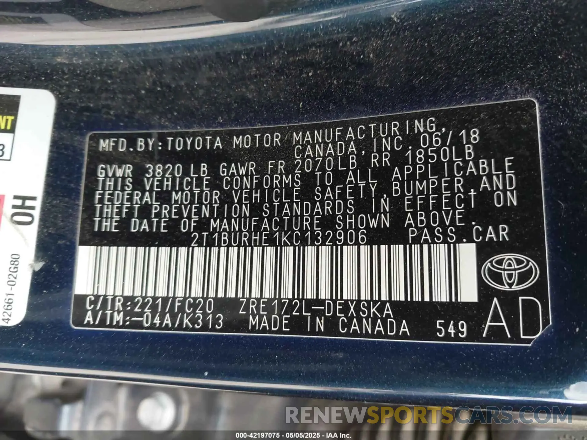 9 fotografías del automóvil dañado 2T1BURHE1KC132906 TOYOTA COROLLA 2019
