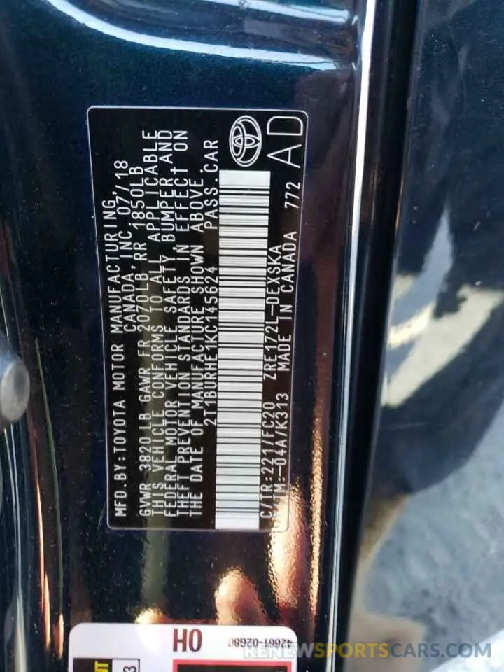 10 fotografías del automóvil dañado 2T1BURHE1KC145624 TOYOTA COROLLA 2019