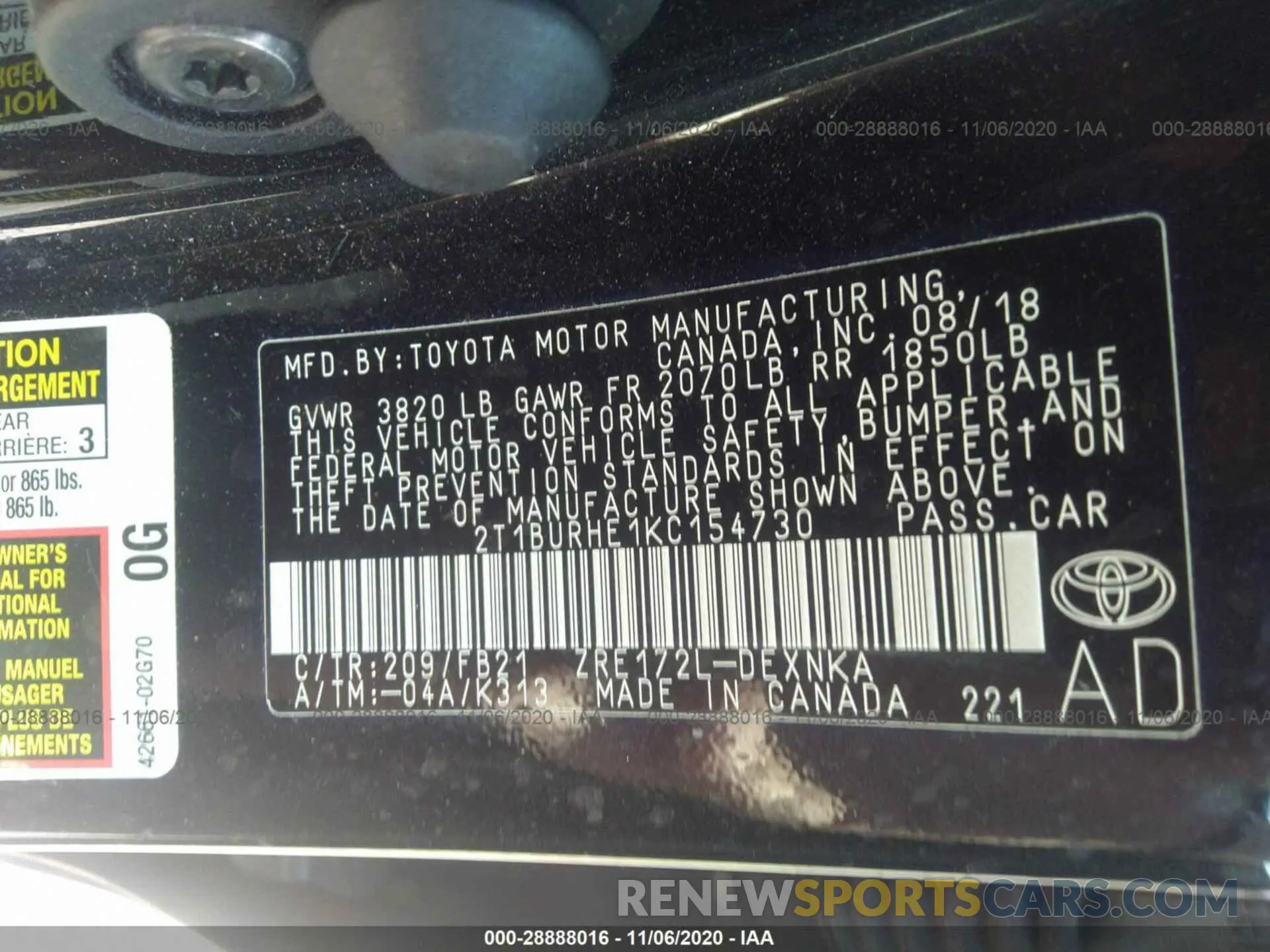 9 fotografías del automóvil dañado 2T1BURHE1KC154730 TOYOTA COROLLA 2019