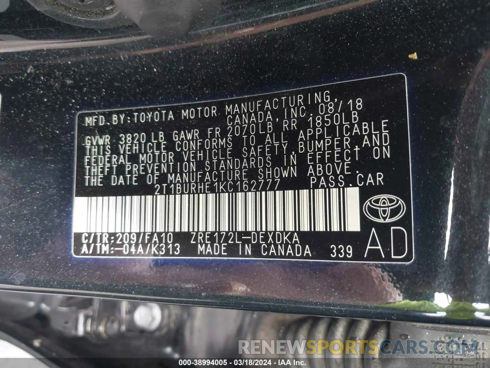9 fotografías del automóvil dañado 2T1BURHE1KC162777 TOYOTA COROLLA 2019