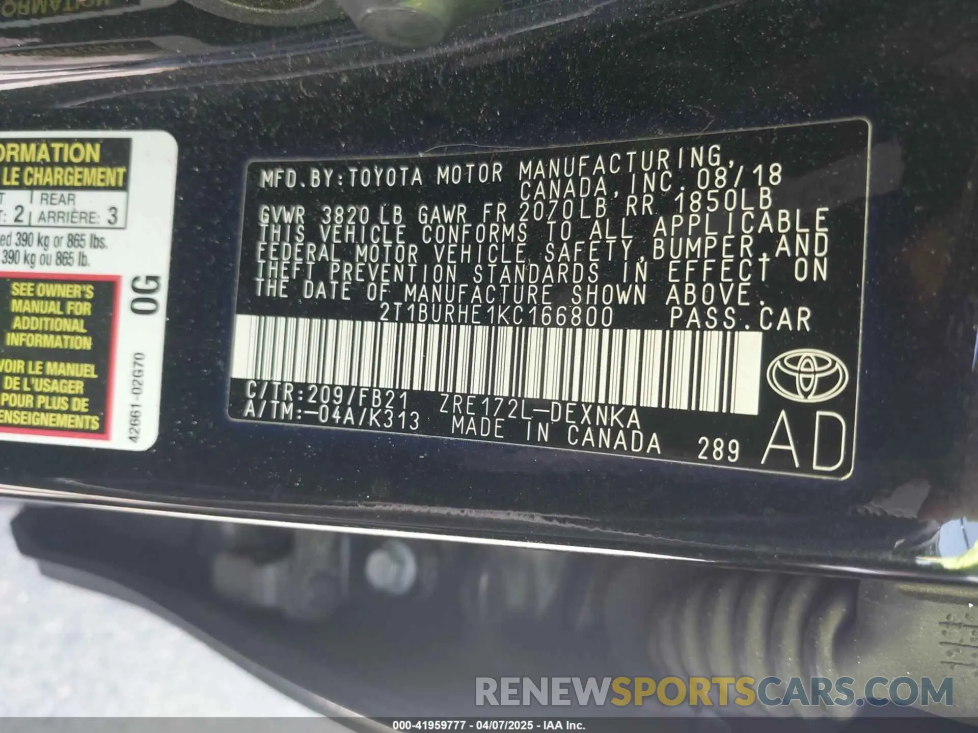 9 fotografías del automóvil dañado 2T1BURHE1KC166800 TOYOTA COROLLA 2019