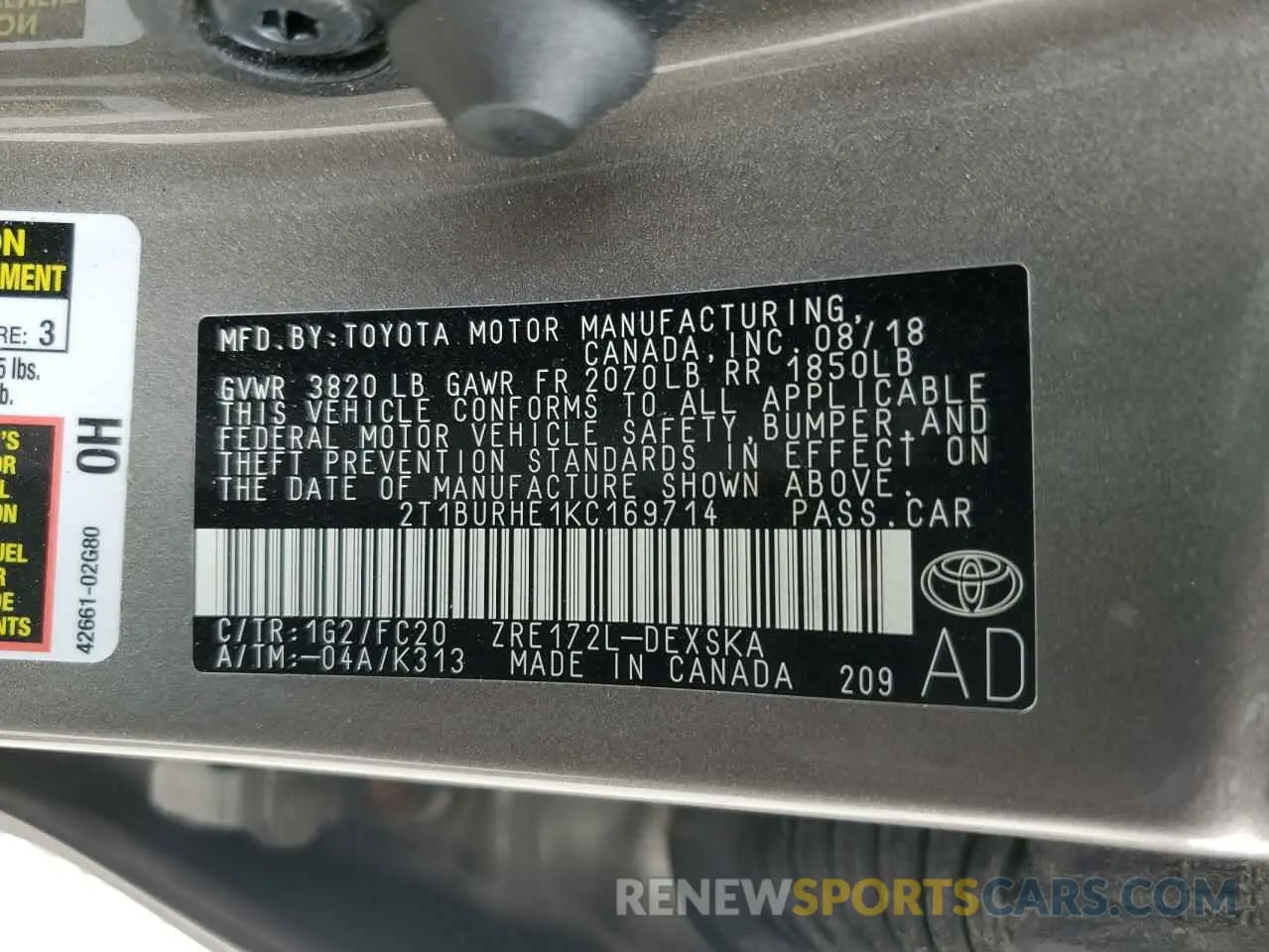 13 fotografías del automóvil dañado 2T1BURHE1KC169714 TOYOTA COROLLA 2019