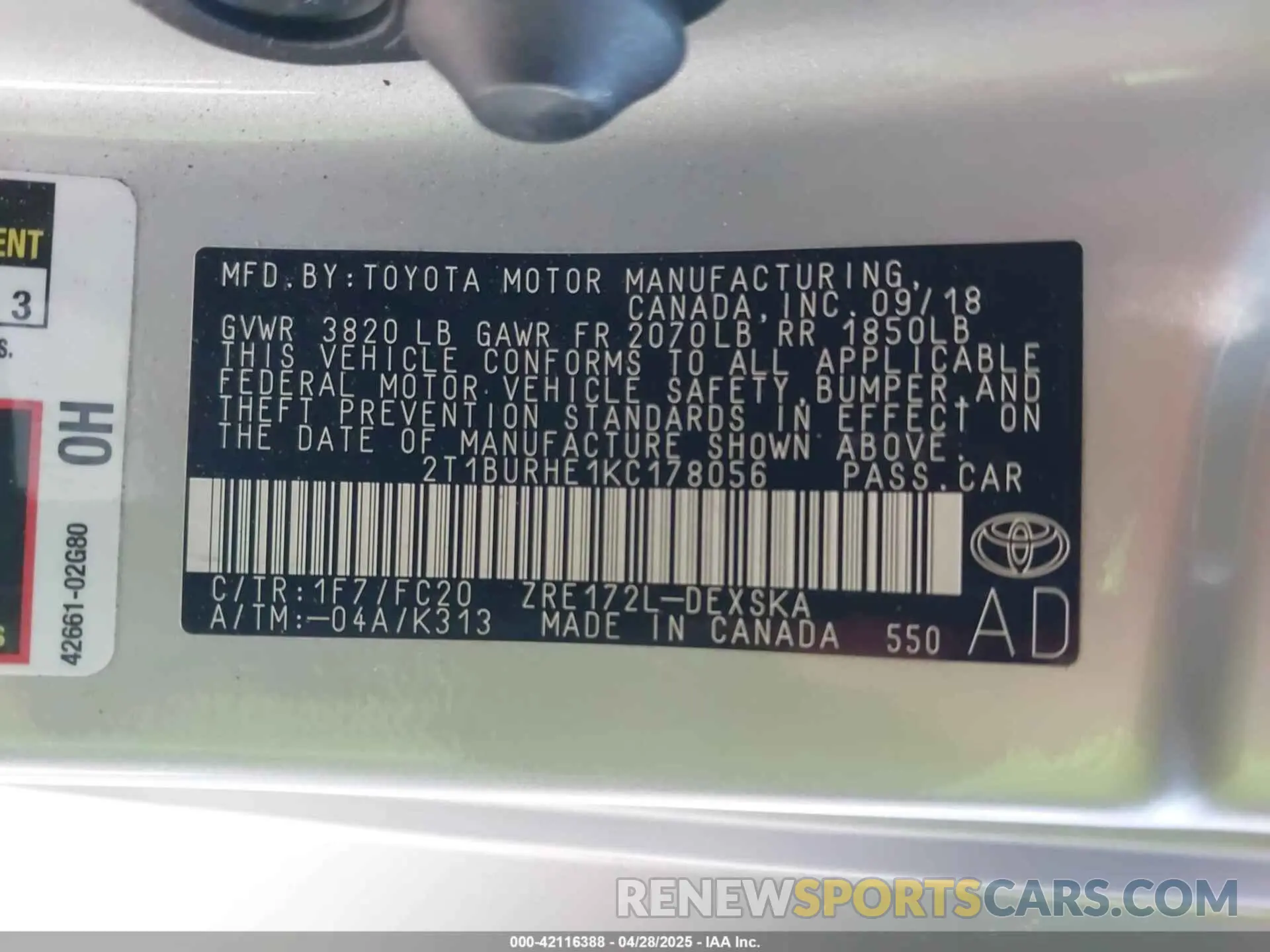 9 fotografías del automóvil dañado 2T1BURHE1KC178056 TOYOTA COROLLA 2019