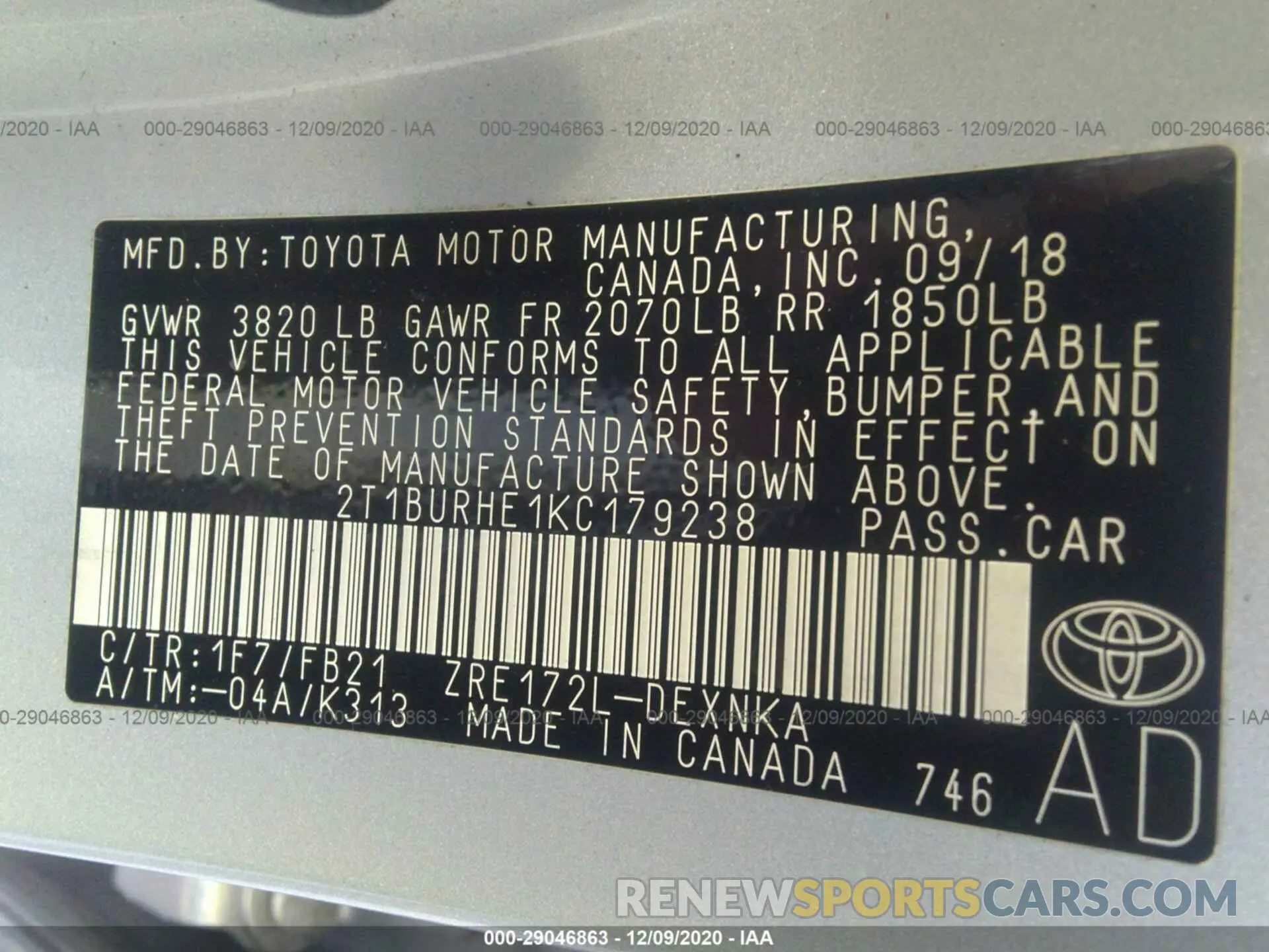 9 fotografías del automóvil dañado 2T1BURHE1KC179238 TOYOTA COROLLA 2019