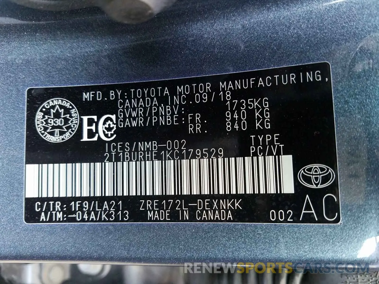 10 fotografías del automóvil dañado 2T1BURHE1KC179529 TOYOTA COROLLA 2019
