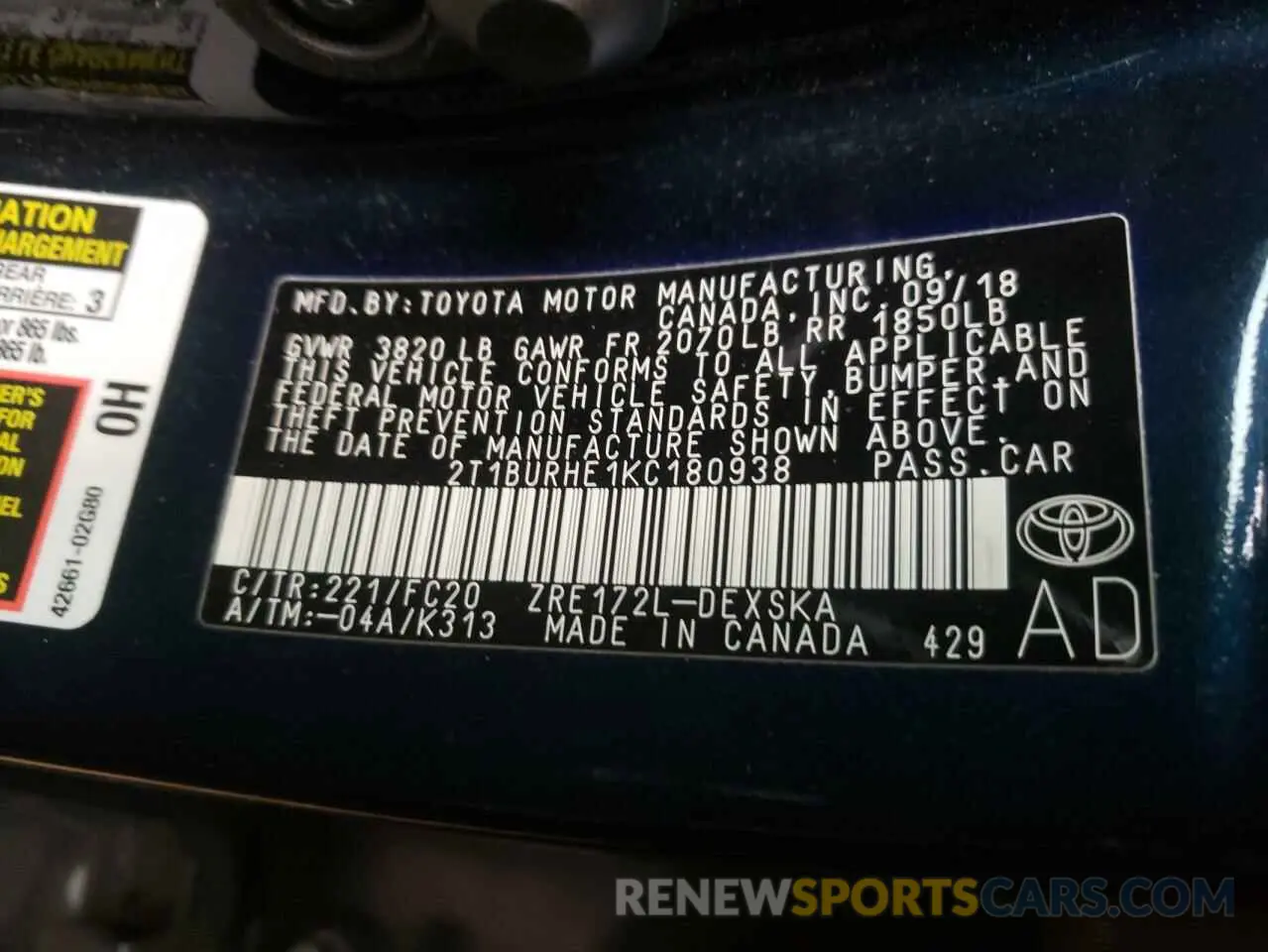 10 fotografías del automóvil dañado 2T1BURHE1KC180938 TOYOTA COROLLA 2019