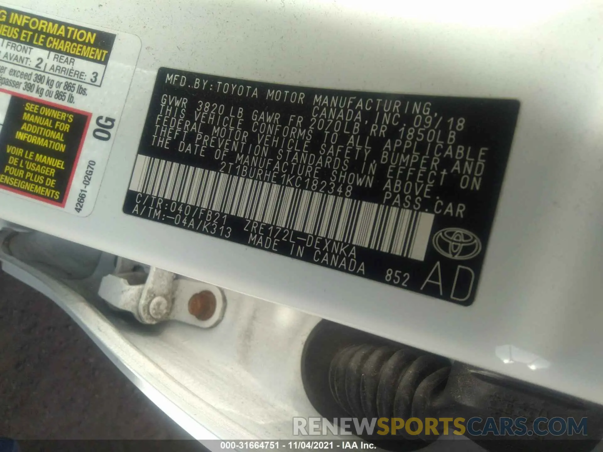 9 fotografías del automóvil dañado 2T1BURHE1KC182348 TOYOTA COROLLA 2019