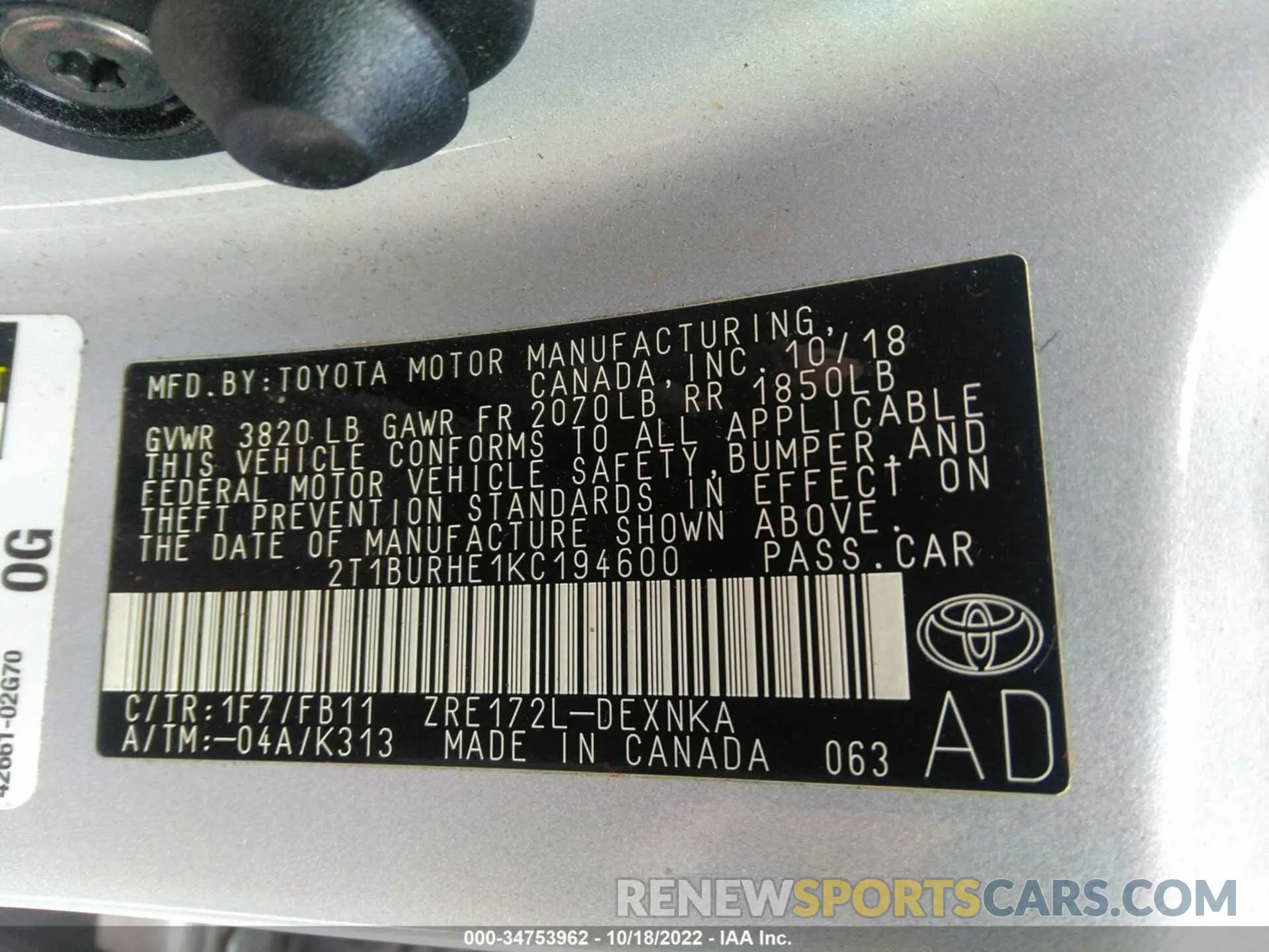 9 fotografías del automóvil dañado 2T1BURHE1KC194600 TOYOTA COROLLA 2019