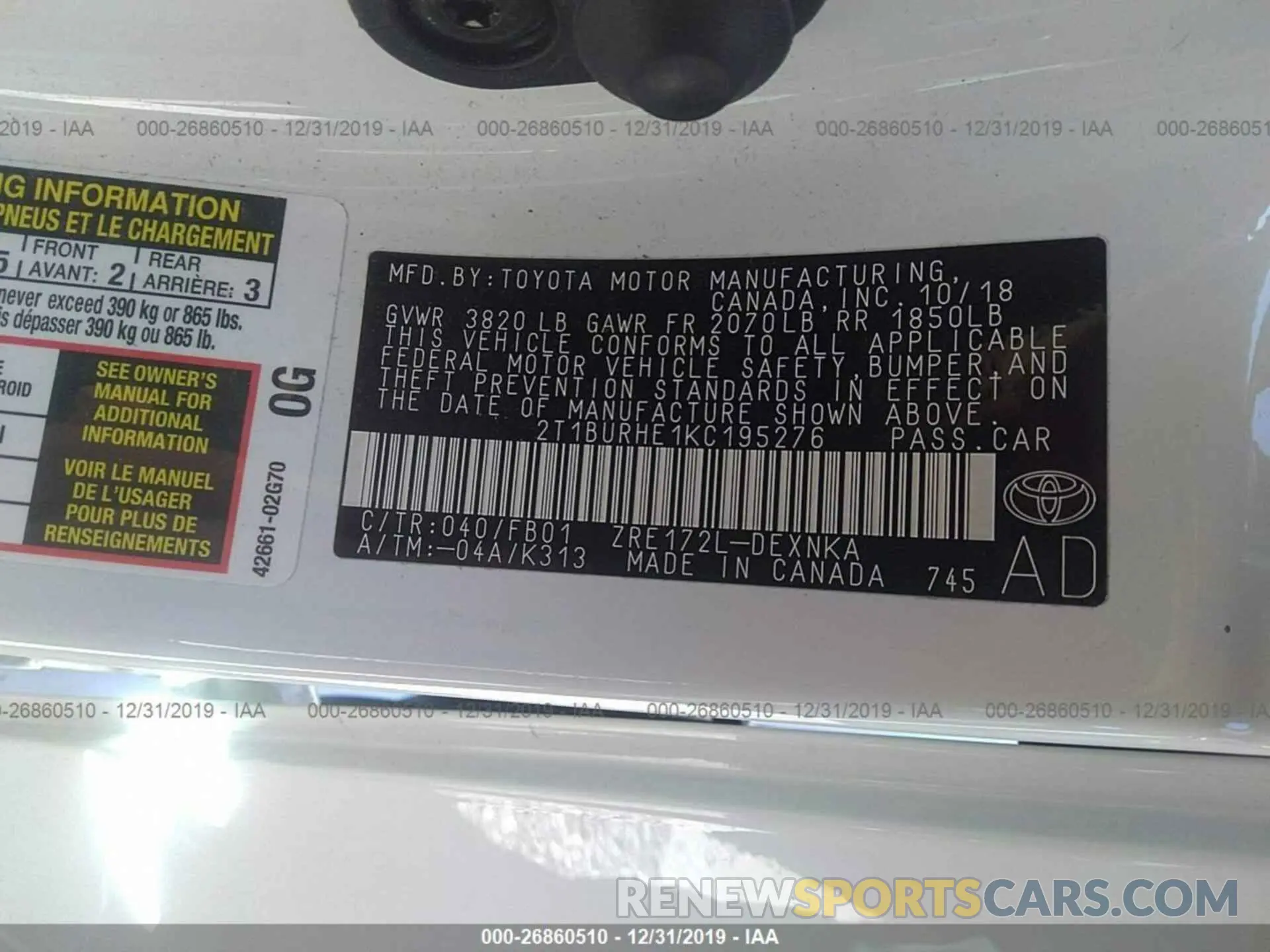 9 fotografías del automóvil dañado 2T1BURHE1KC195276 TOYOTA COROLLA 2019