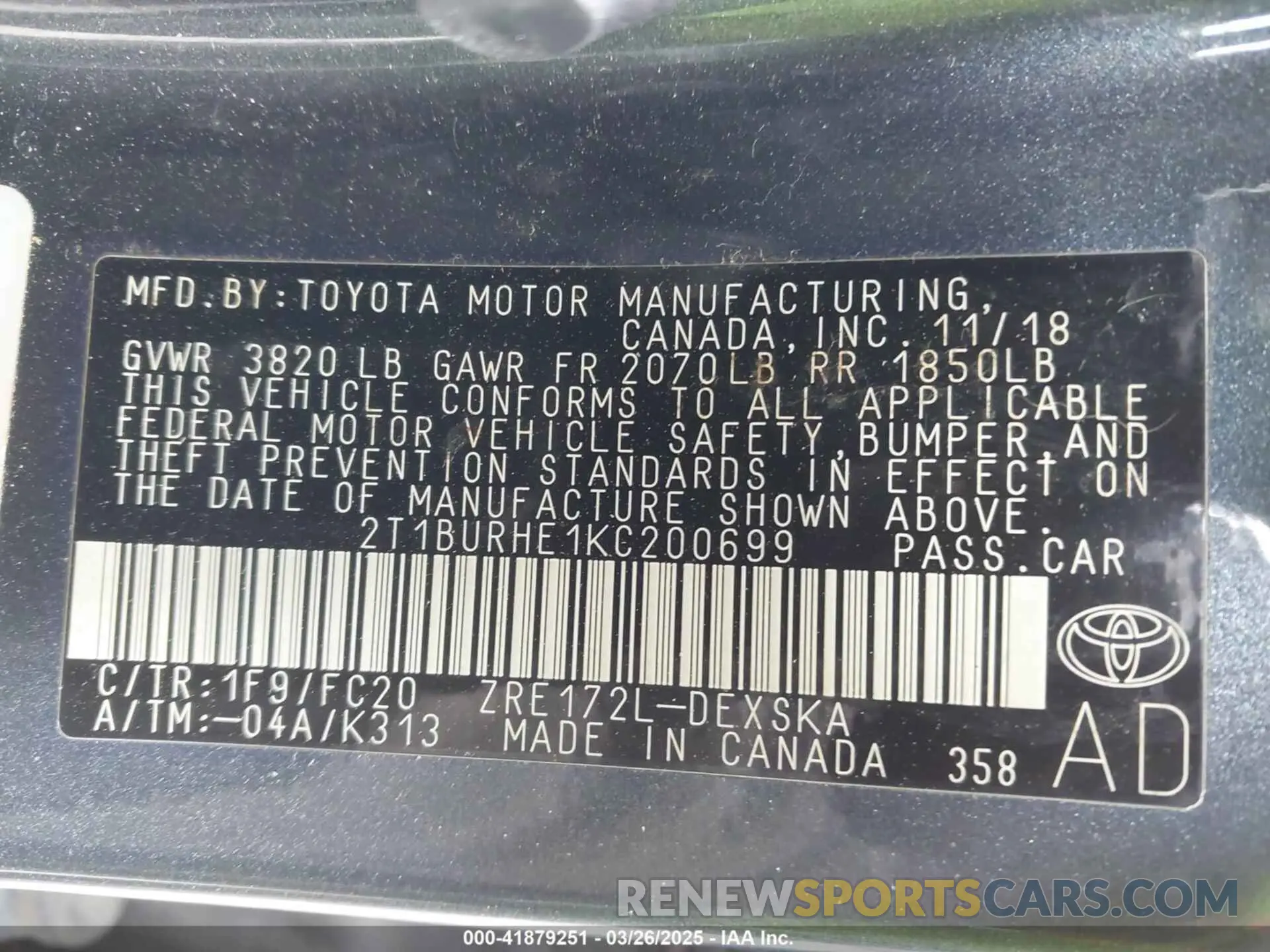 9 fotografías del automóvil dañado 2T1BURHE1KC200699 TOYOTA COROLLA 2019