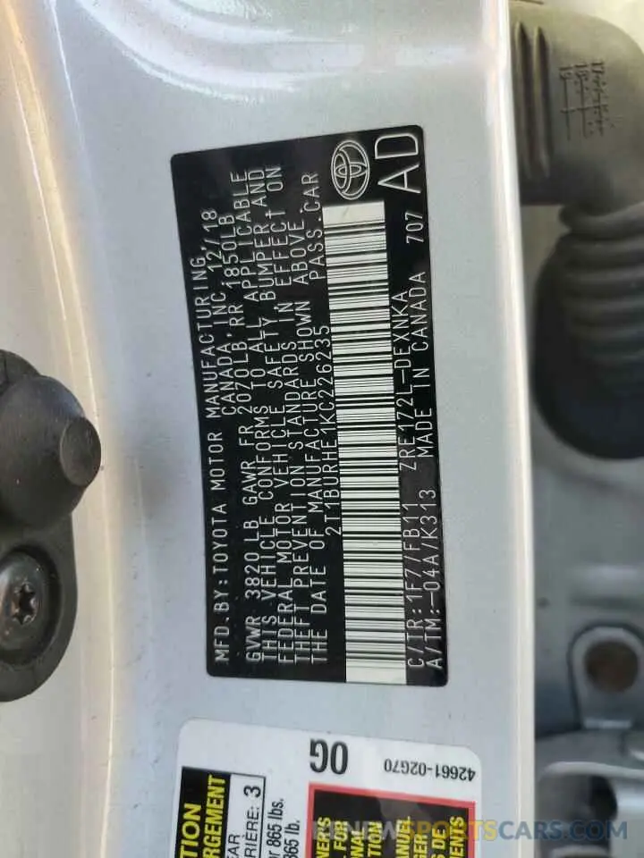 12 fotografías del automóvil dañado 2T1BURHE1KC226235 TOYOTA COROLLA 2019