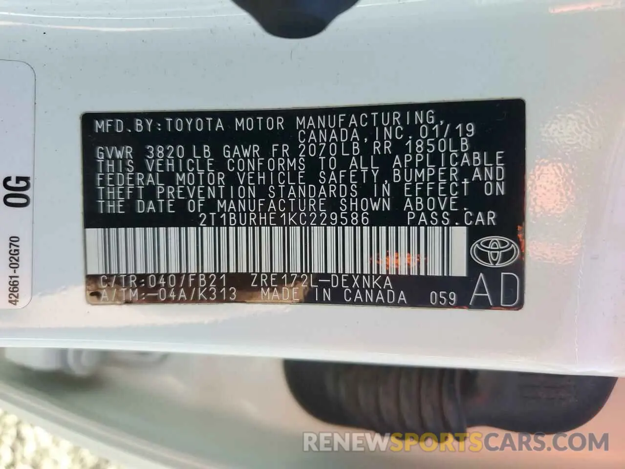 12 fotografías del automóvil dañado 2T1BURHE1KC229586 TOYOTA COROLLA 2019