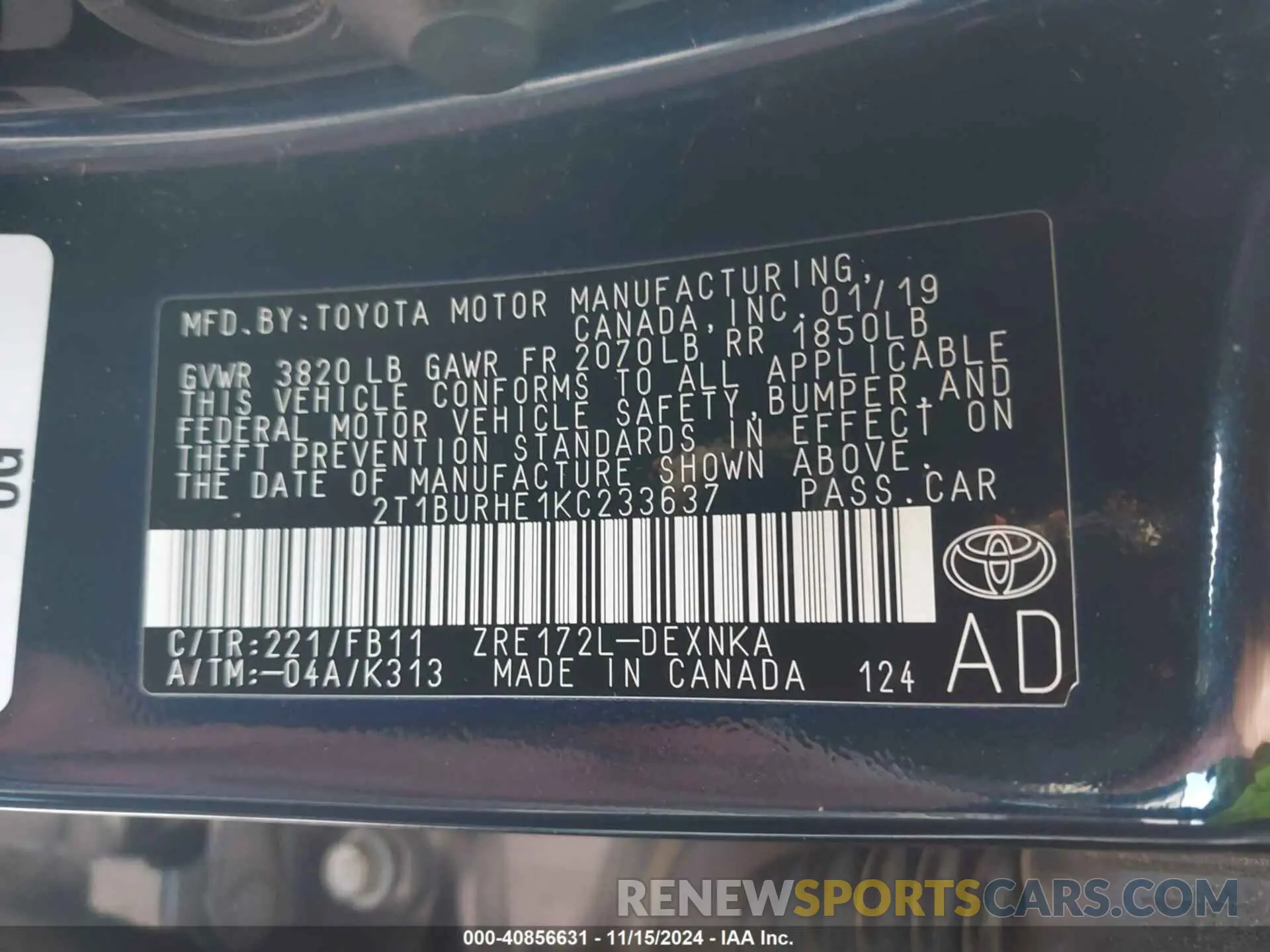 9 fotografías del automóvil dañado 2T1BURHE1KC233637 TOYOTA COROLLA 2019