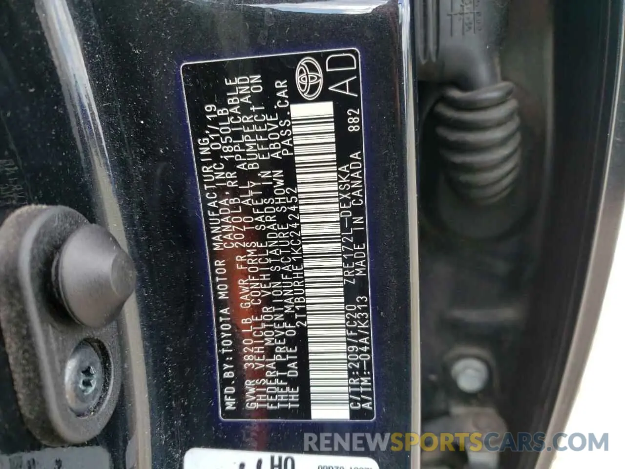 10 fotografías del automóvil dañado 2T1BURHE1KC242452 TOYOTA COROLLA 2019