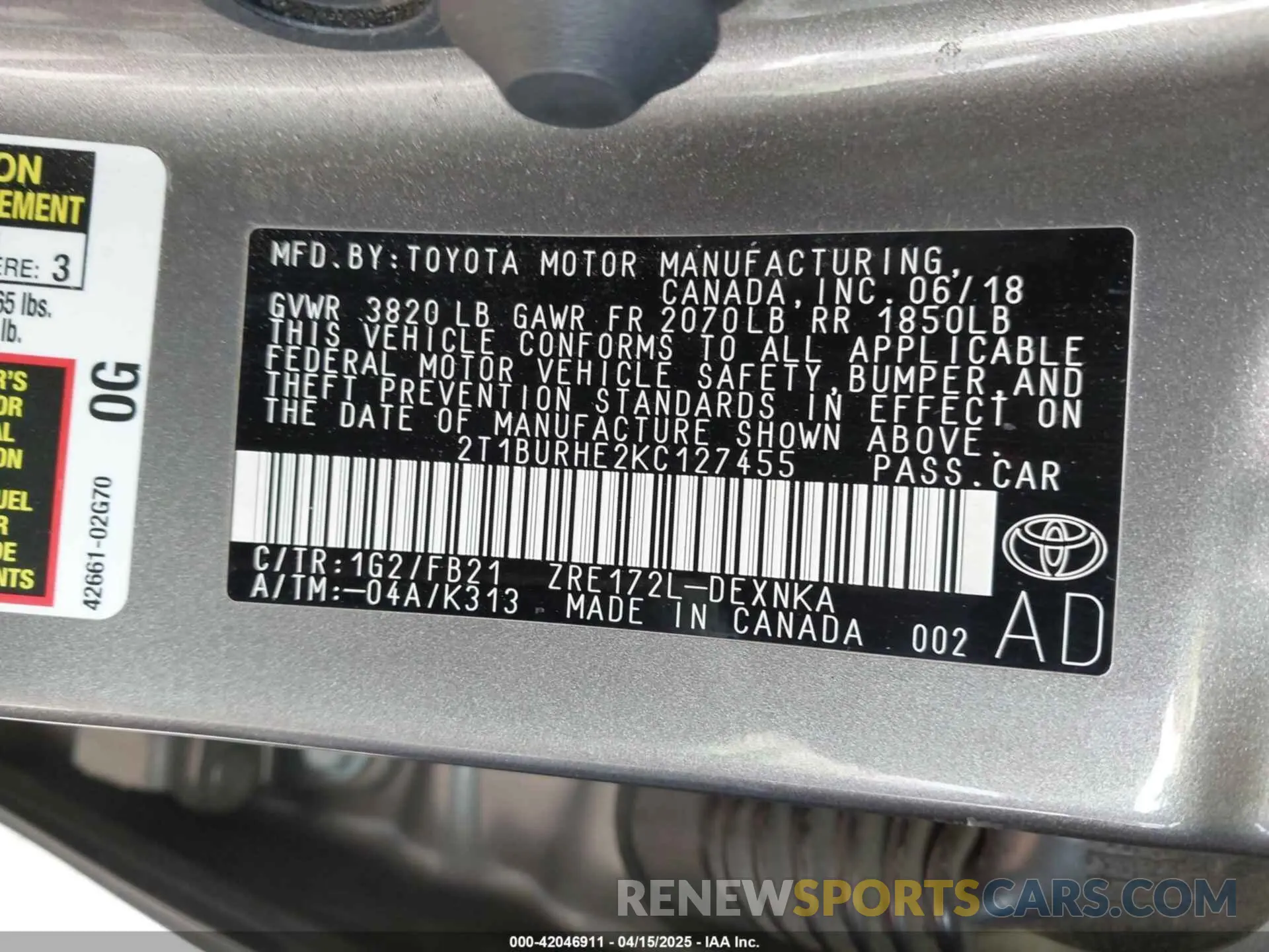 9 fotografías del automóvil dañado 2T1BURHE2KC127455 TOYOTA COROLLA 2019