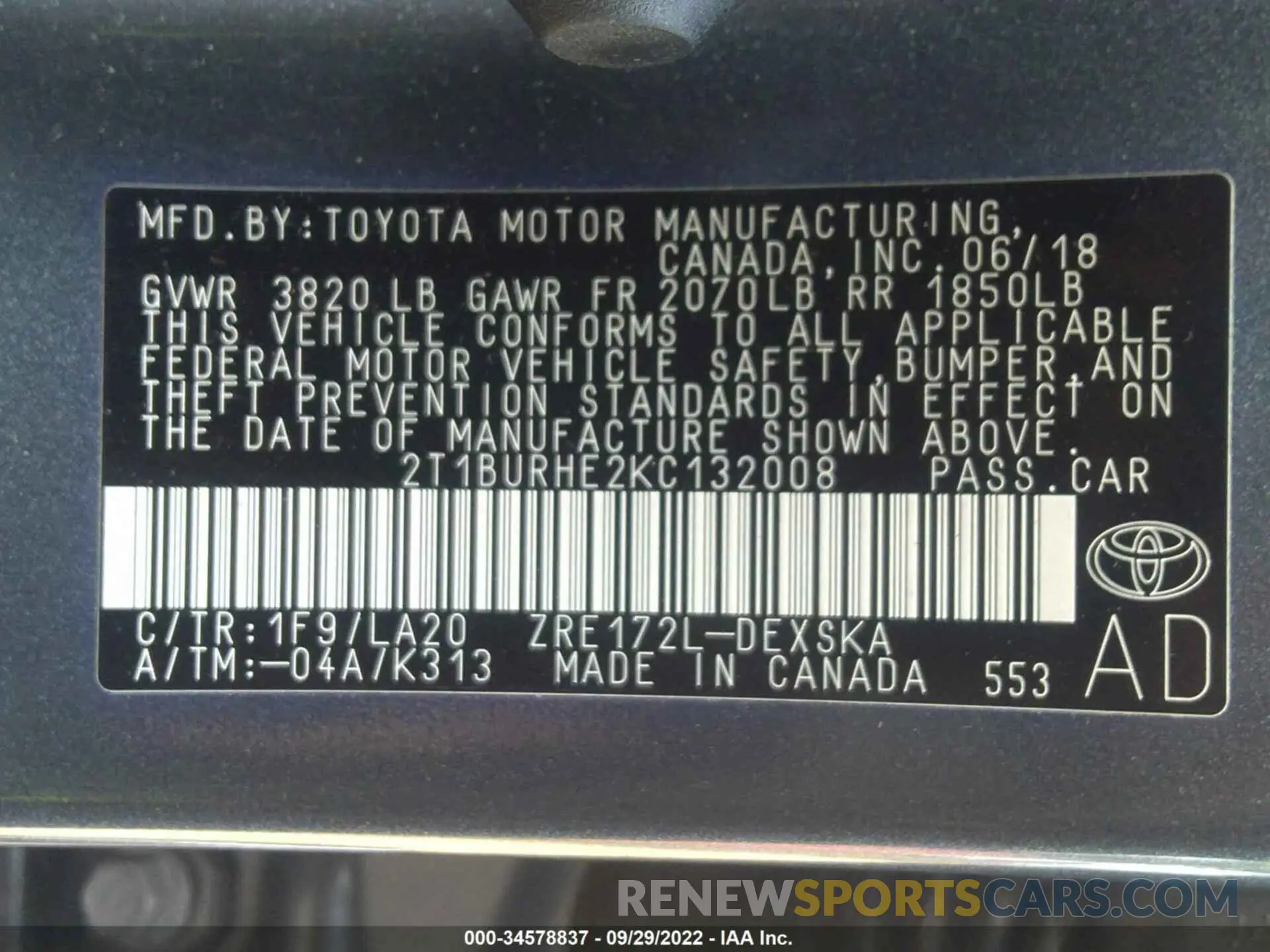 9 fotografías del automóvil dañado 2T1BURHE2KC132008 TOYOTA COROLLA 2019