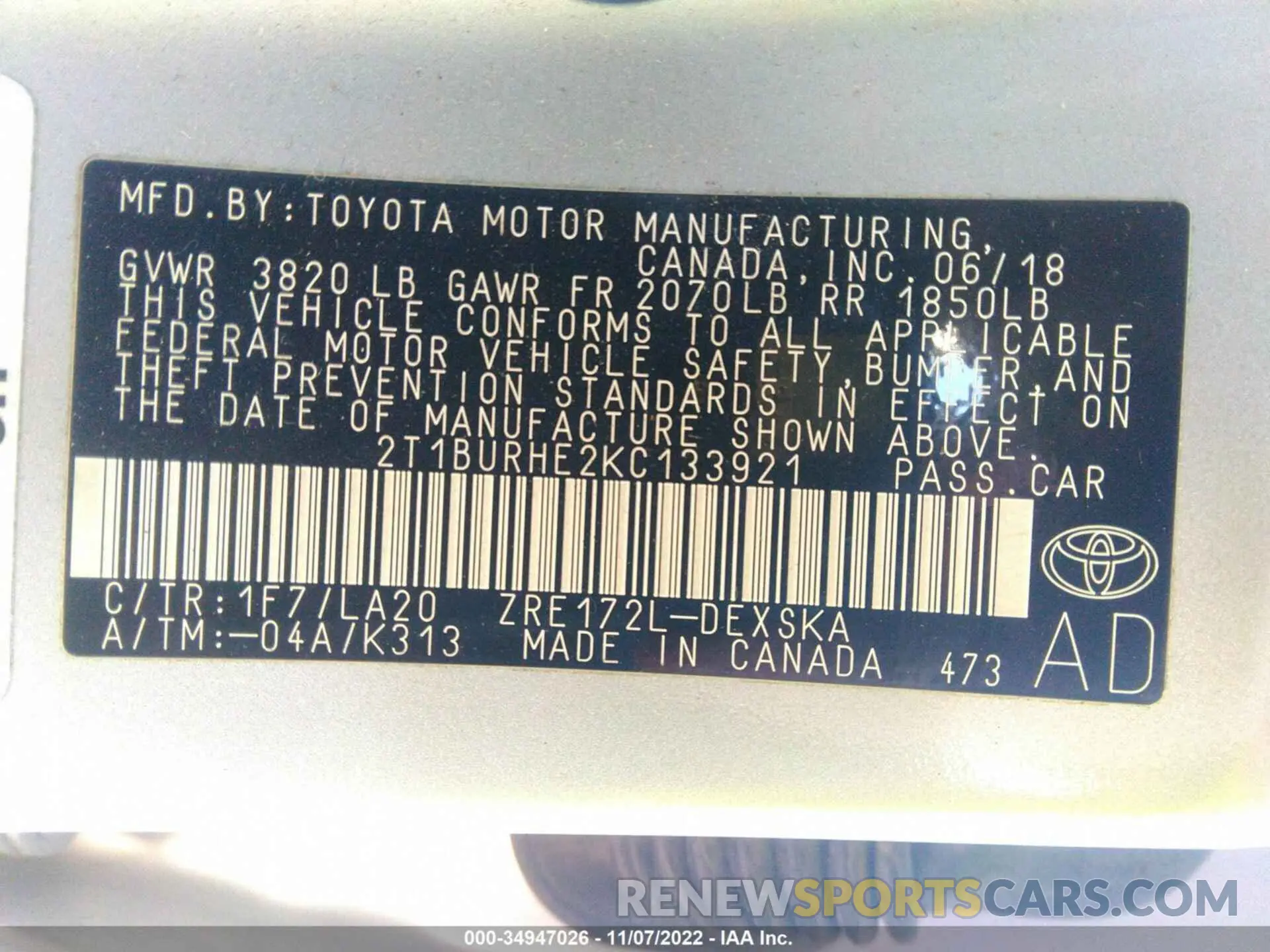 9 fotografías del automóvil dañado 2T1BURHE2KC133921 TOYOTA COROLLA 2019