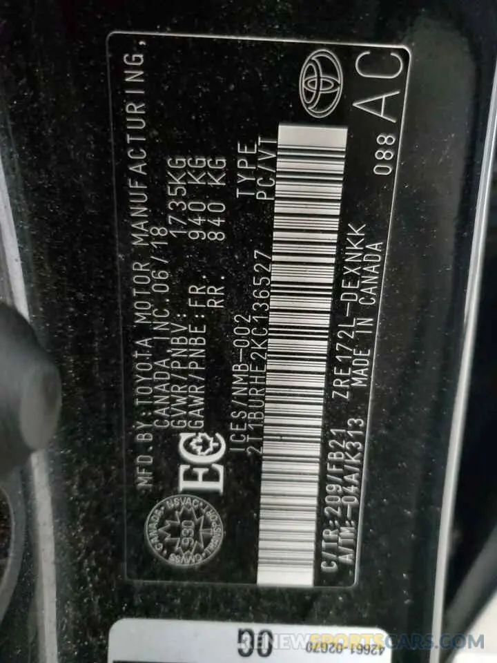 12 fotografías del automóvil dañado 2T1BURHE2KC136527 TOYOTA COROLLA 2019