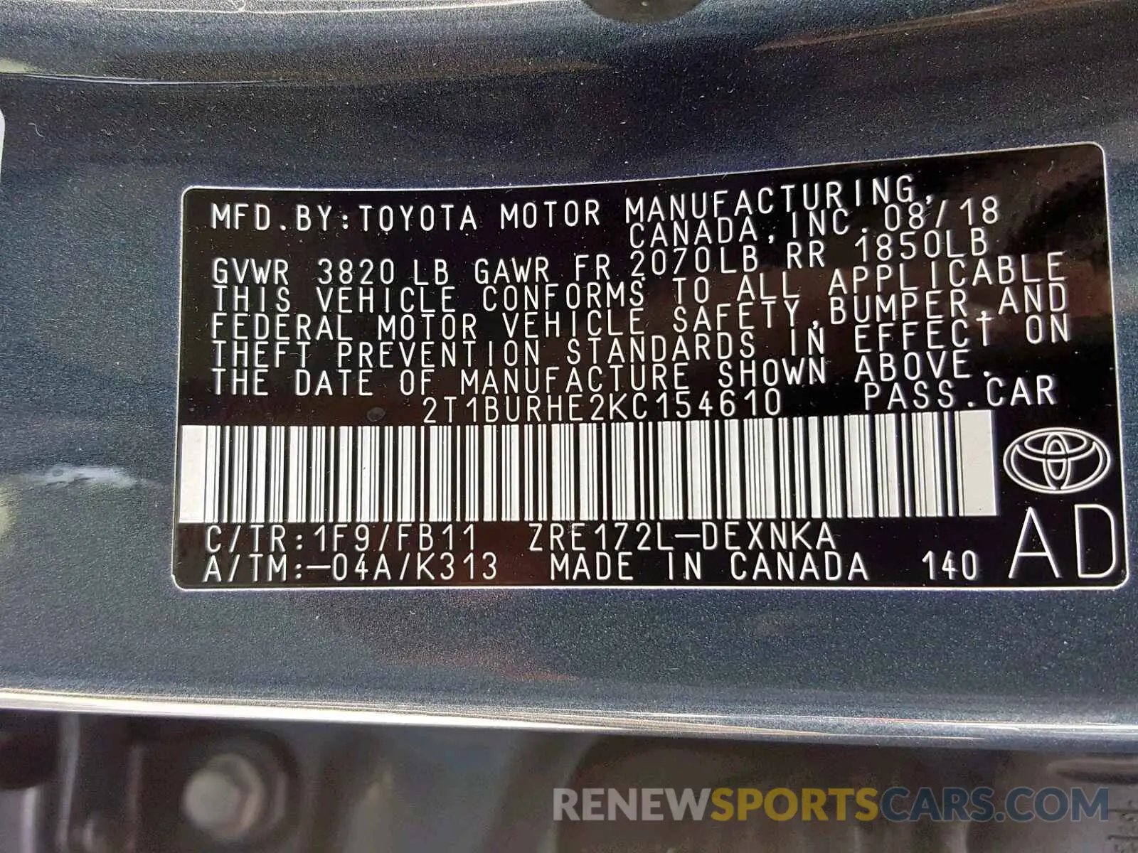 10 fotografías del automóvil dañado 2T1BURHE2KC154610 TOYOTA COROLLA 2019