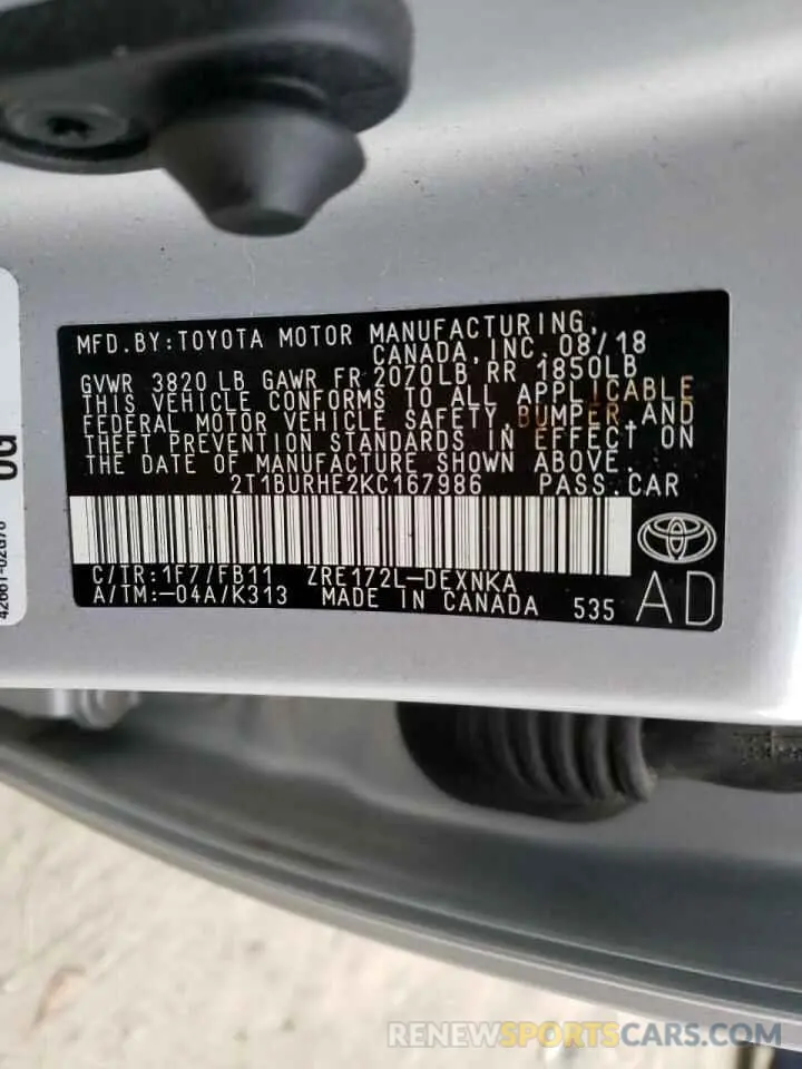 10 fotografías del automóvil dañado 2T1BURHE2KC167986 TOYOTA COROLLA 2019
